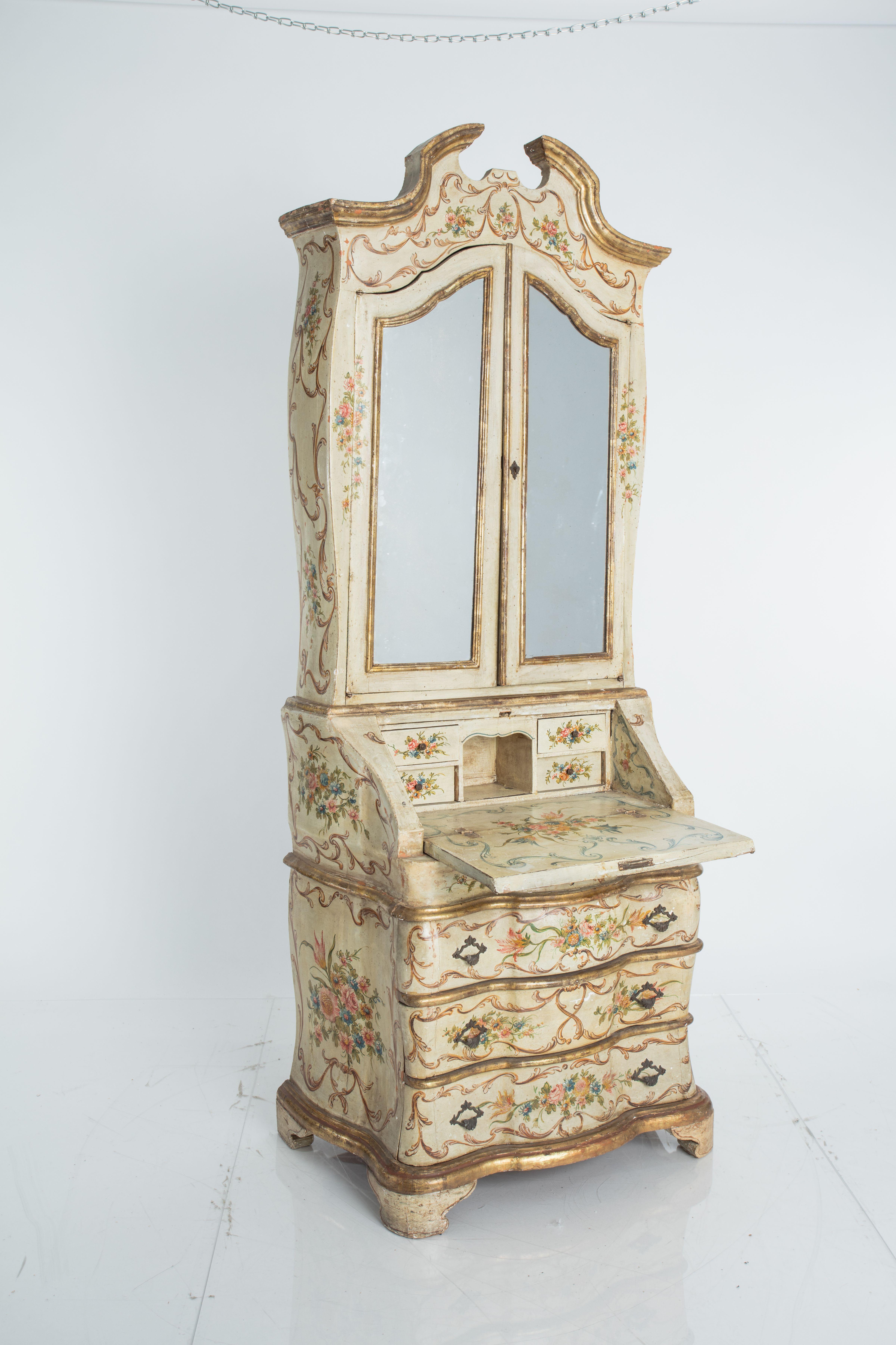 Italian Antique Rococo Style Venetian Secretary Cabinet with Gilt and Floral Motif