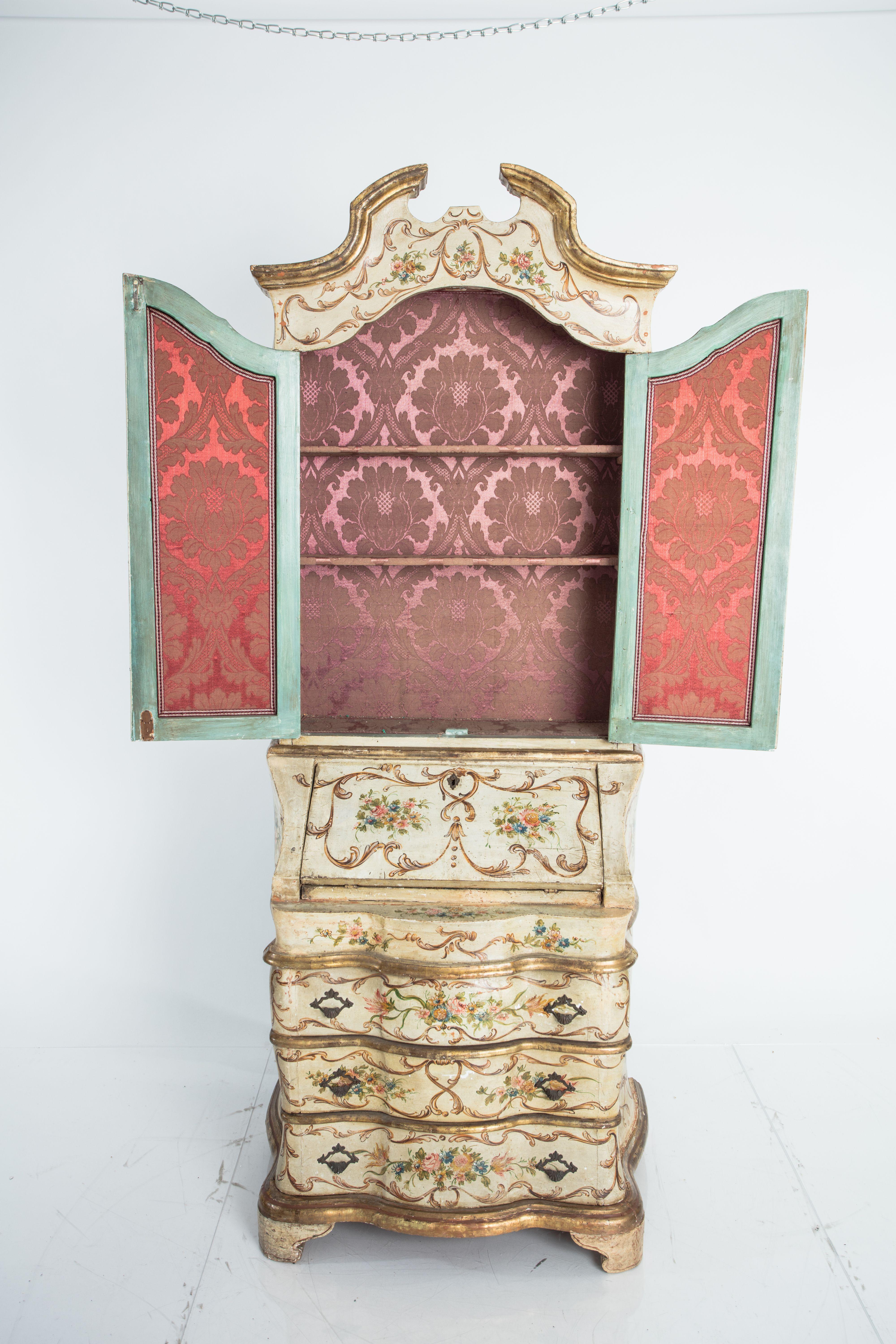 Antique Rococo Style Venetian Secretary Cabinet with Gilt and Floral Motif In Good Condition In South Salem, NY