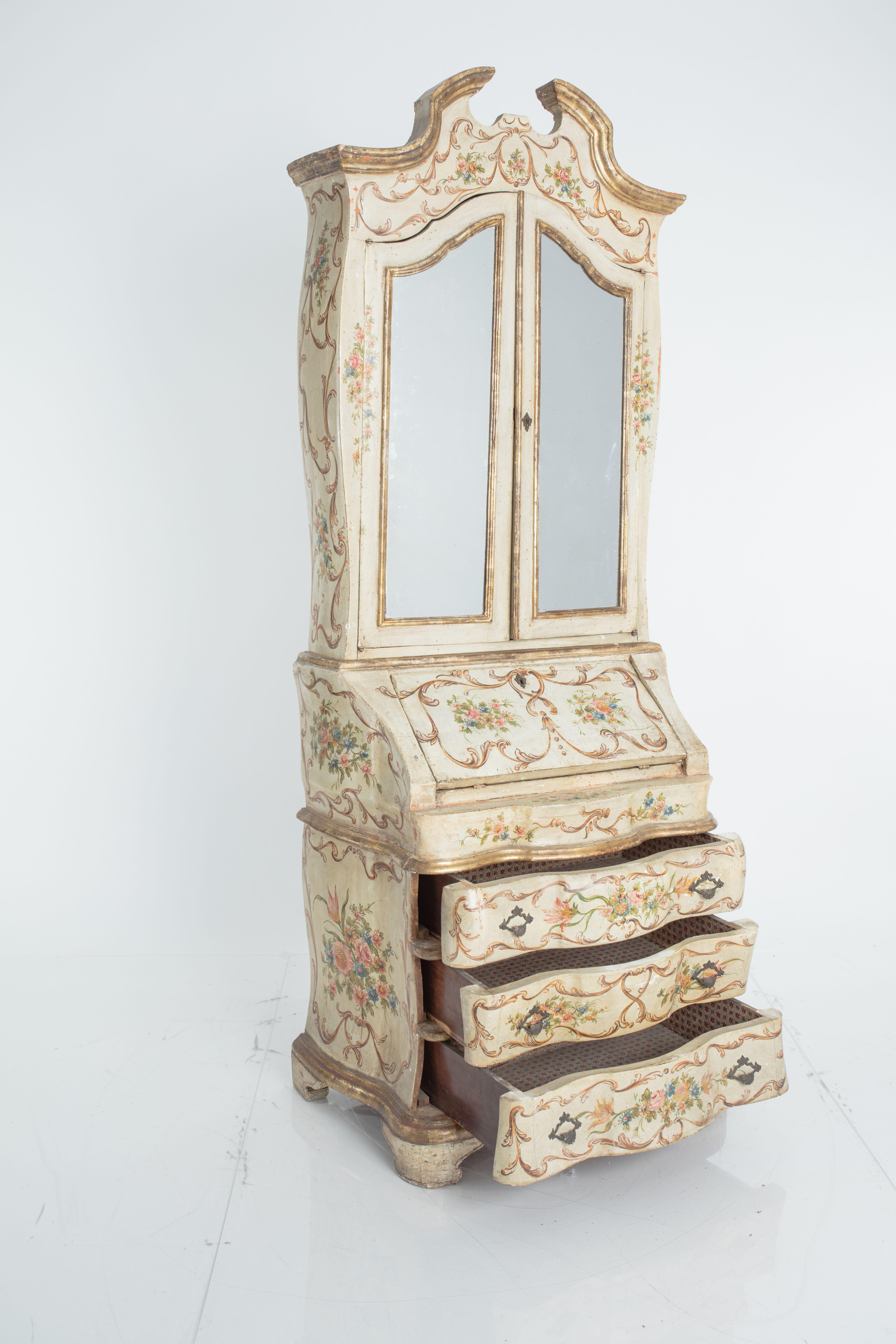 19th Century Antique Rococo Style Venetian Secretary Cabinet with Gilt and Floral Motif
