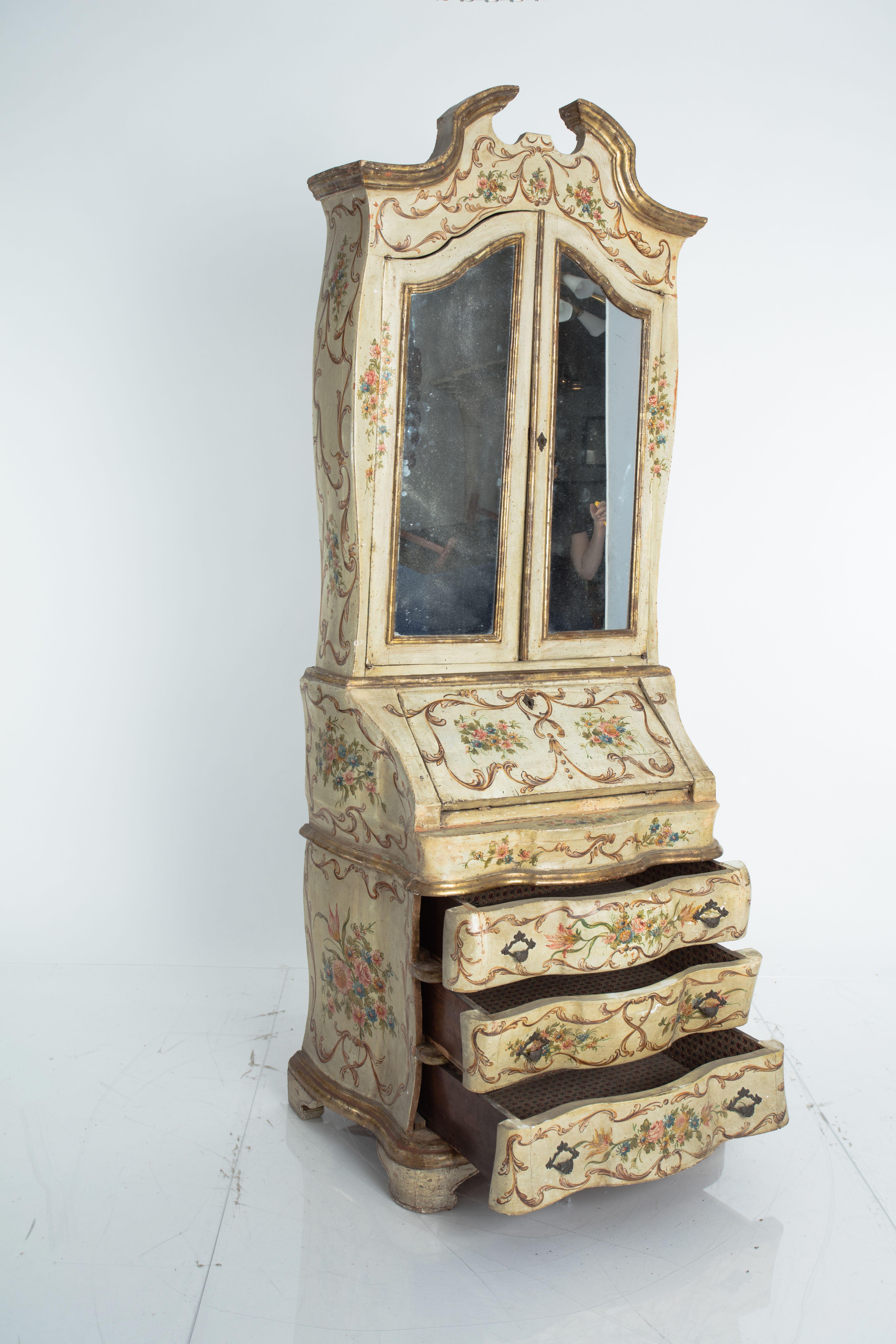 Wood Antique Rococo Style Venetian Secretary Cabinet with Gilt and Floral Motif