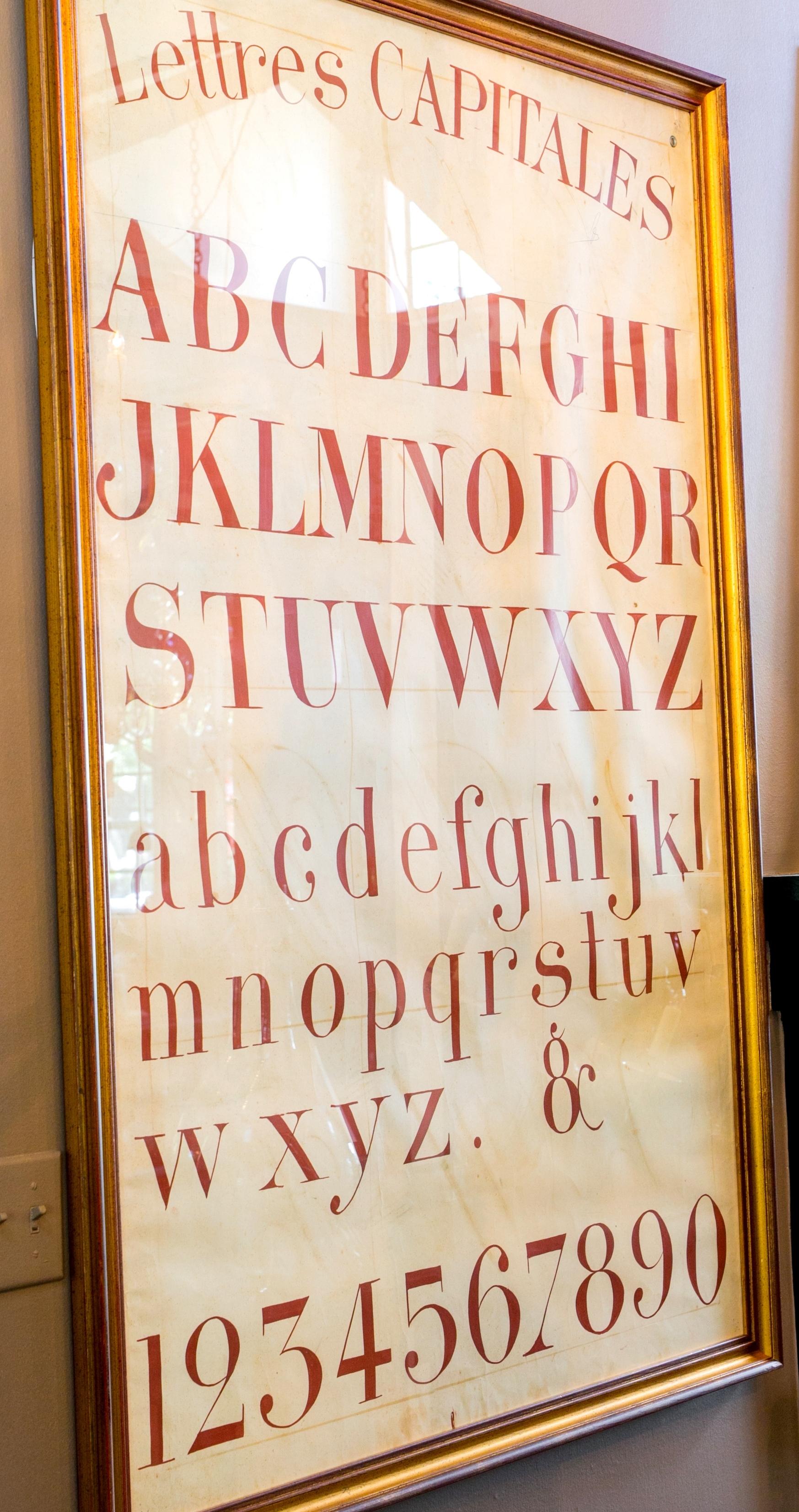 Hand-painted French alphabet chart by a Belgian artist in the 1920s (paint on canvas). Upon close inspection, the guidelines used by the graphic artist to paint the letters can be seen. Coomans was a commercial artist specializing in graphic art,