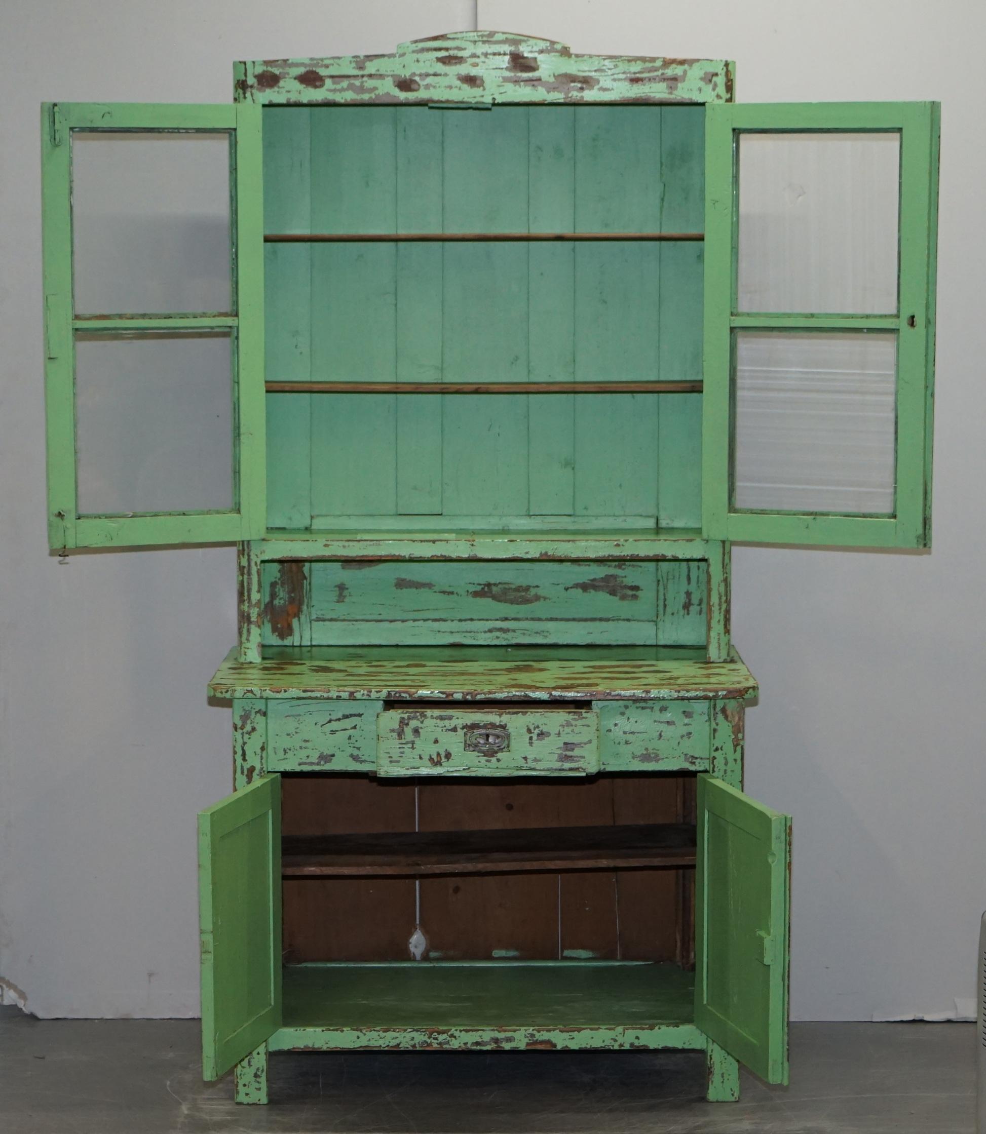 Hand Painted Victorian Distressed Green Dresser Bookcase or Kitchen Cupboard For Sale 8