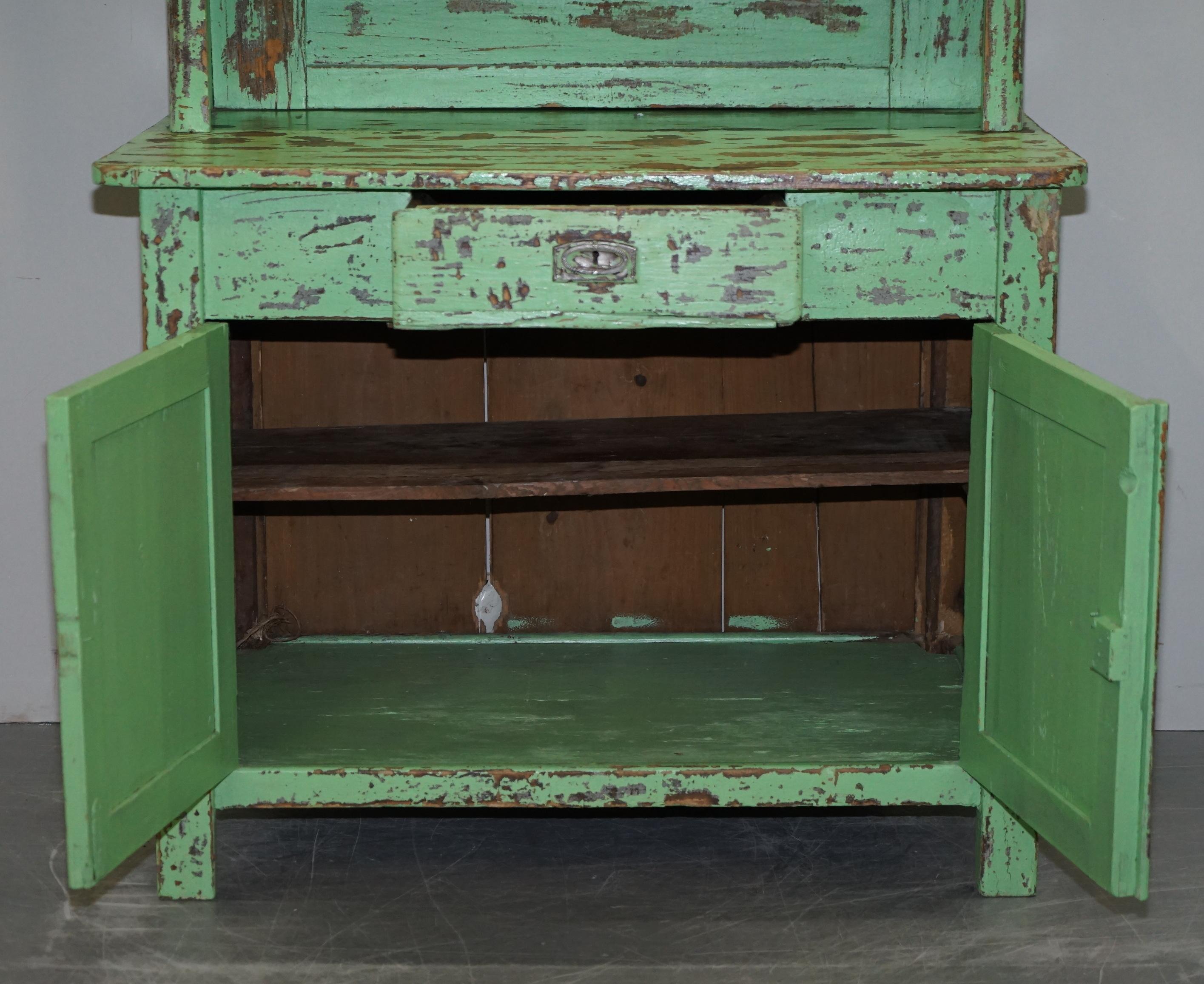 Hand Painted Victorian Distressed Green Dresser Bookcase or Kitchen Cupboard For Sale 9