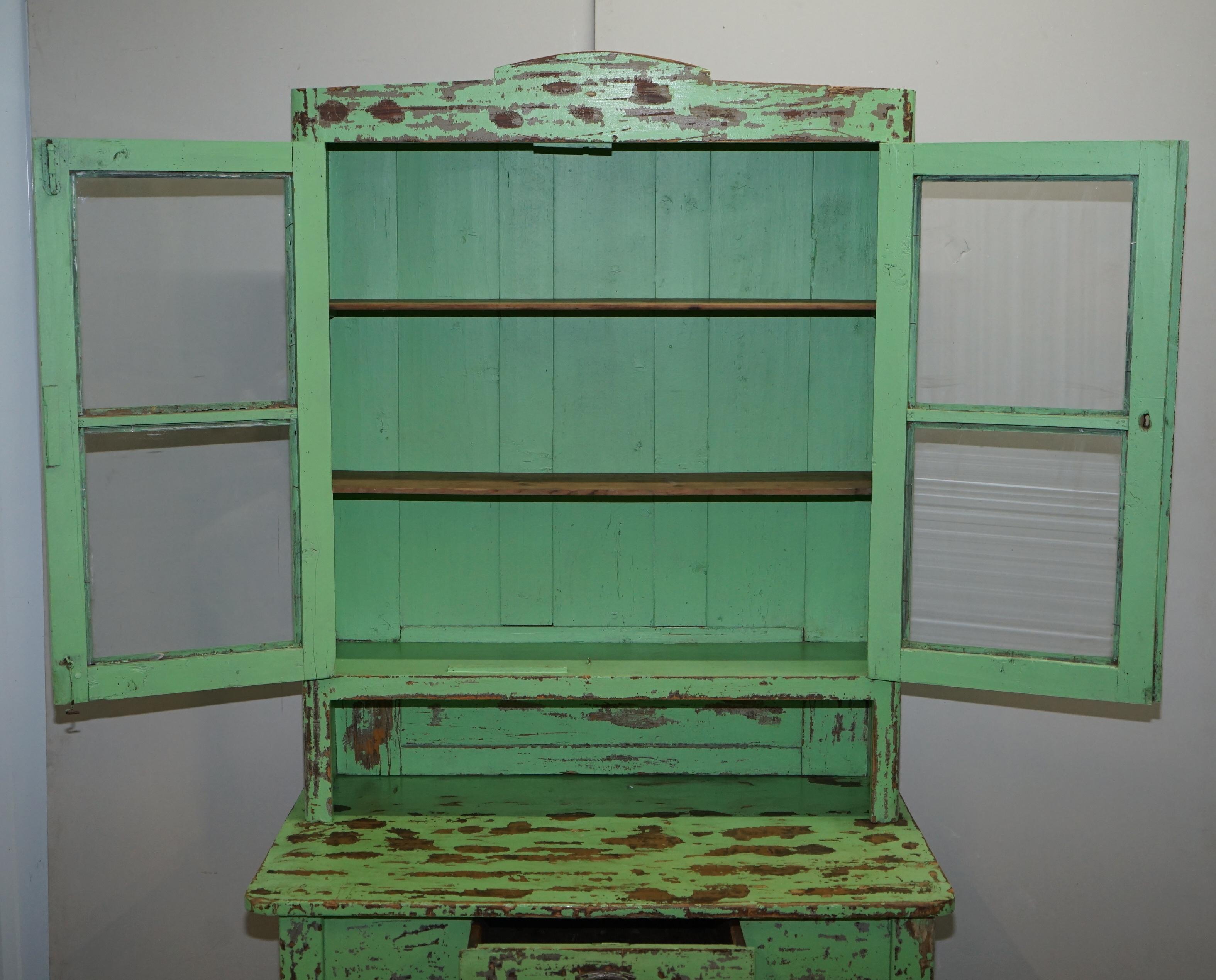 Hand Painted Victorian Distressed Green Dresser Bookcase or Kitchen Cupboard For Sale 11