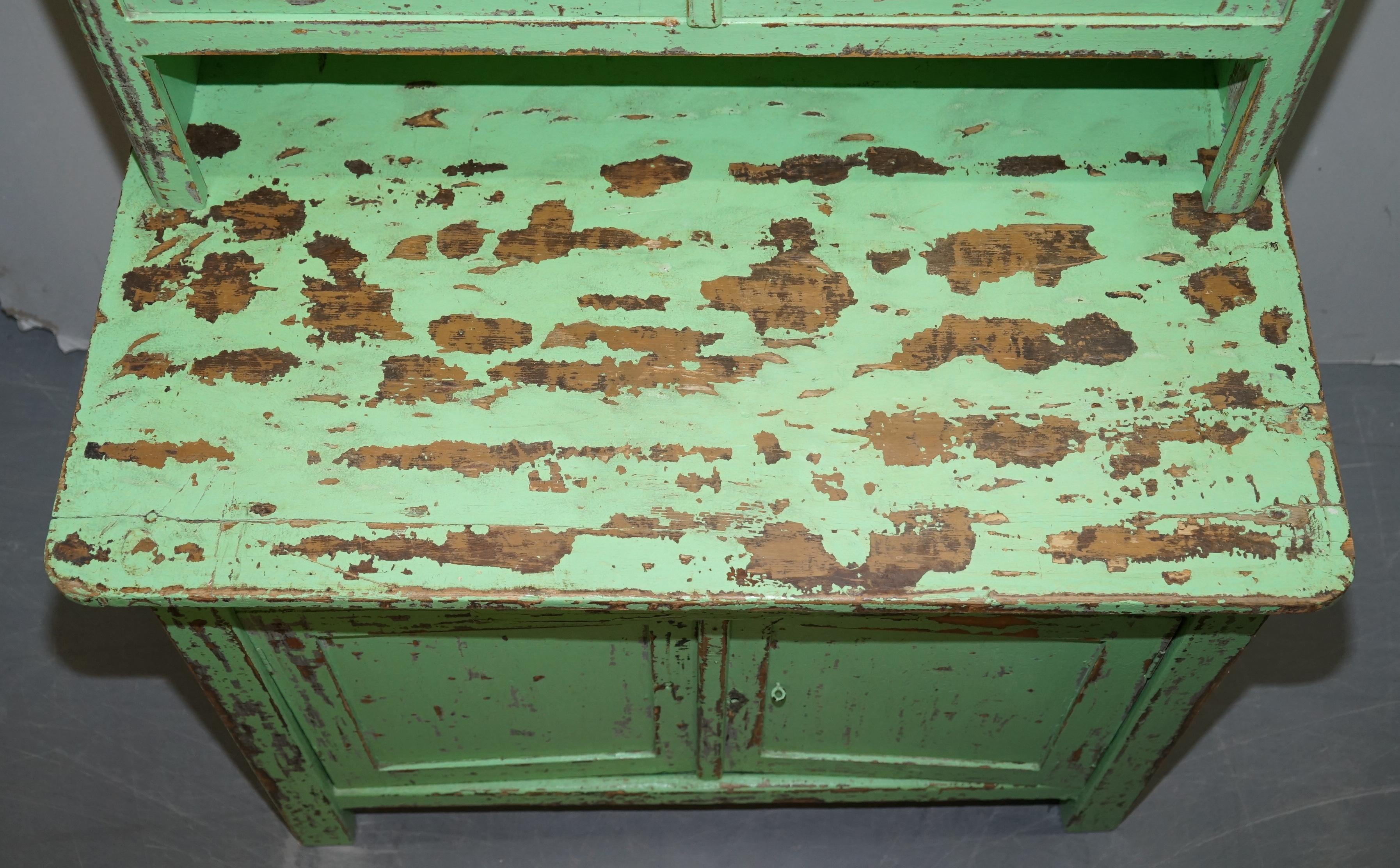 English Hand Painted Victorian Distressed Green Dresser Bookcase or Kitchen Cupboard For Sale