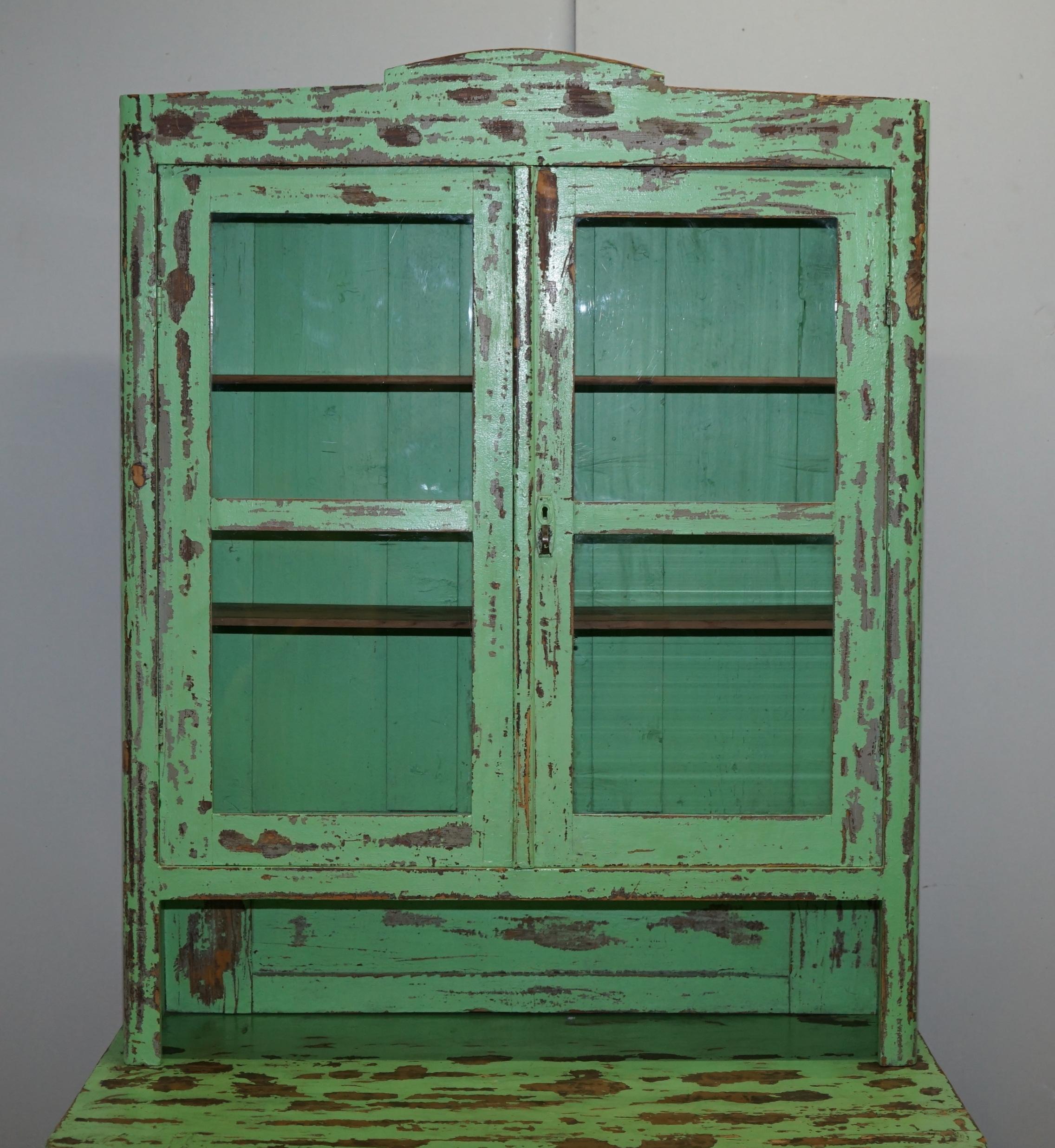 Hand-Painted Hand Painted Victorian Distressed Green Dresser Bookcase or Kitchen Cupboard For Sale