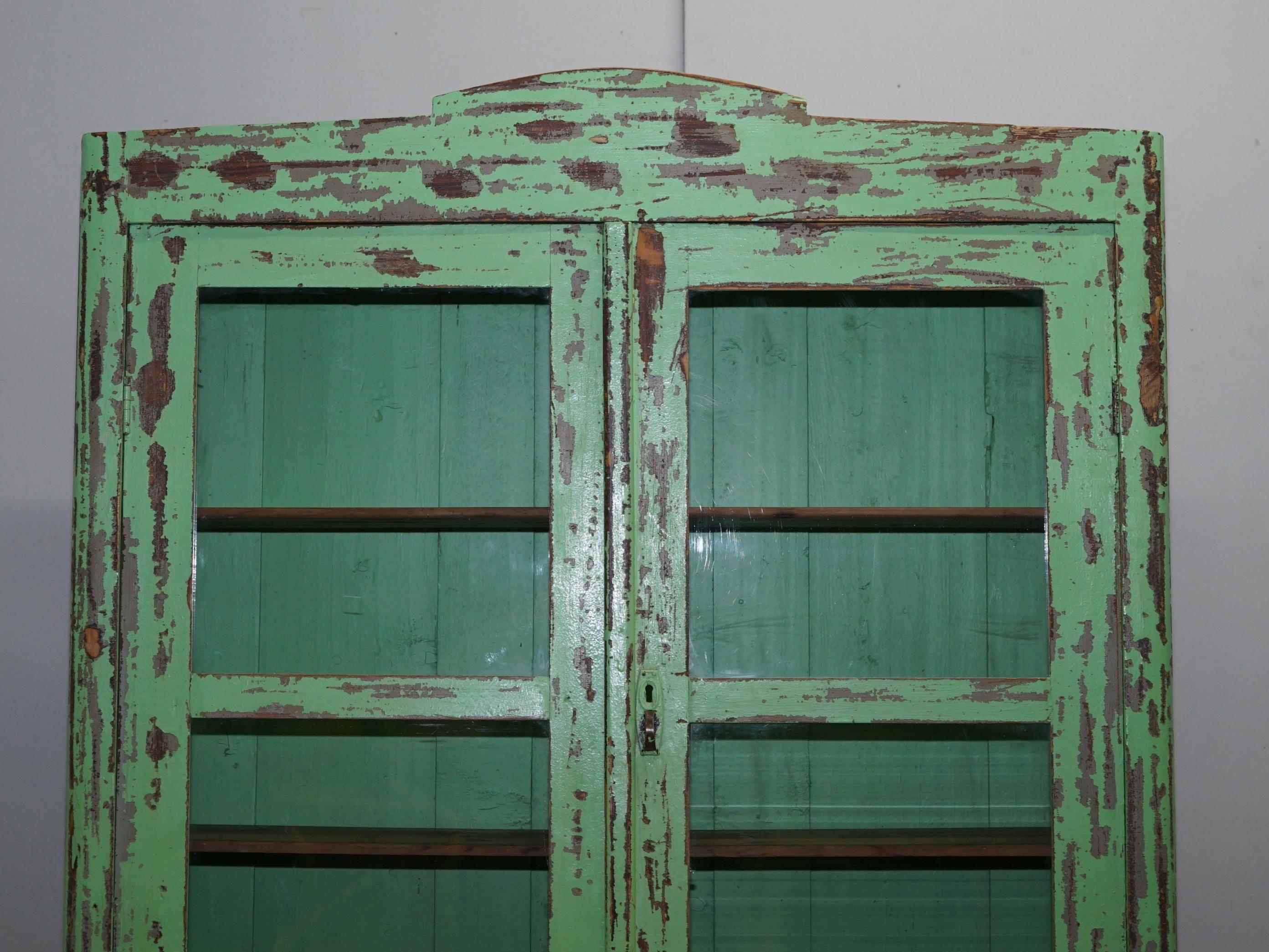 19th Century Hand Painted Victorian Distressed Green Dresser Bookcase or Kitchen Cupboard For Sale