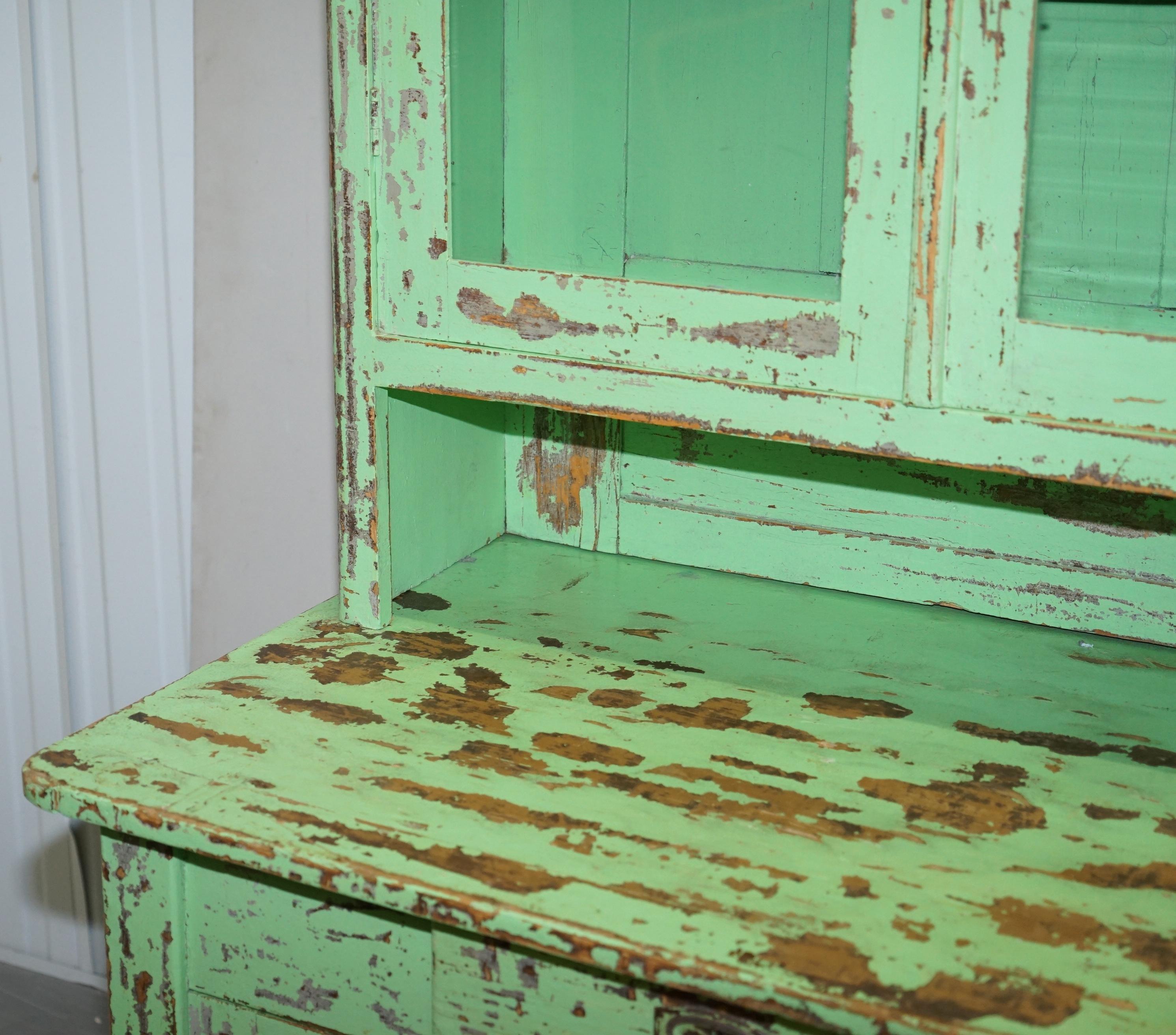 Oak Hand Painted Victorian Distressed Green Dresser Bookcase or Kitchen Cupboard For Sale