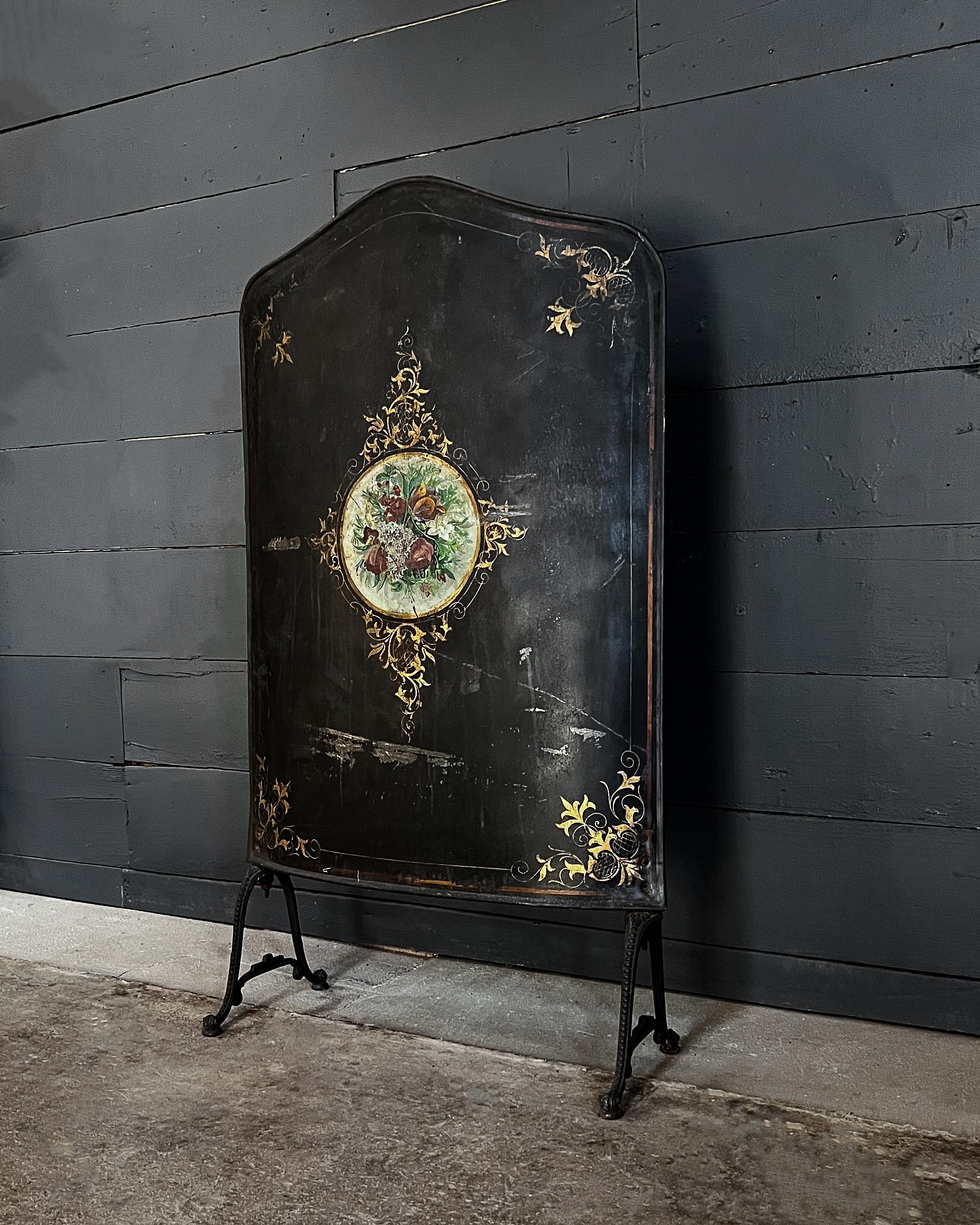 Hand-Painted Hand Painted Victorian Fire Screen