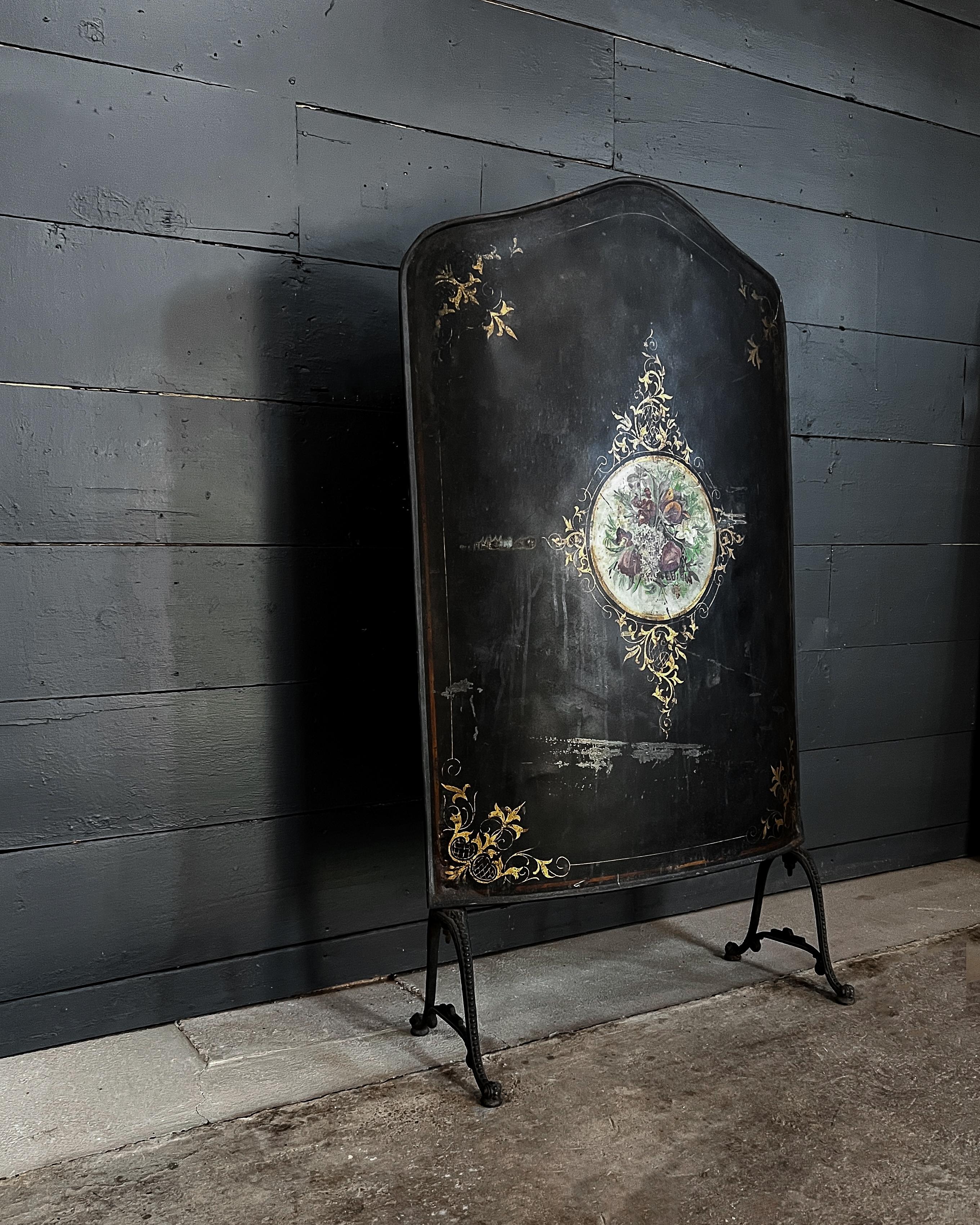 Hand Painted Victorian Fire Screen In Good Condition In Mckinney, TX