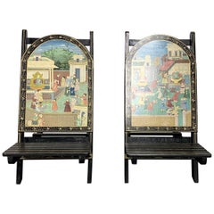 Hand Painted Village Scene Folding Chairs, a Pair