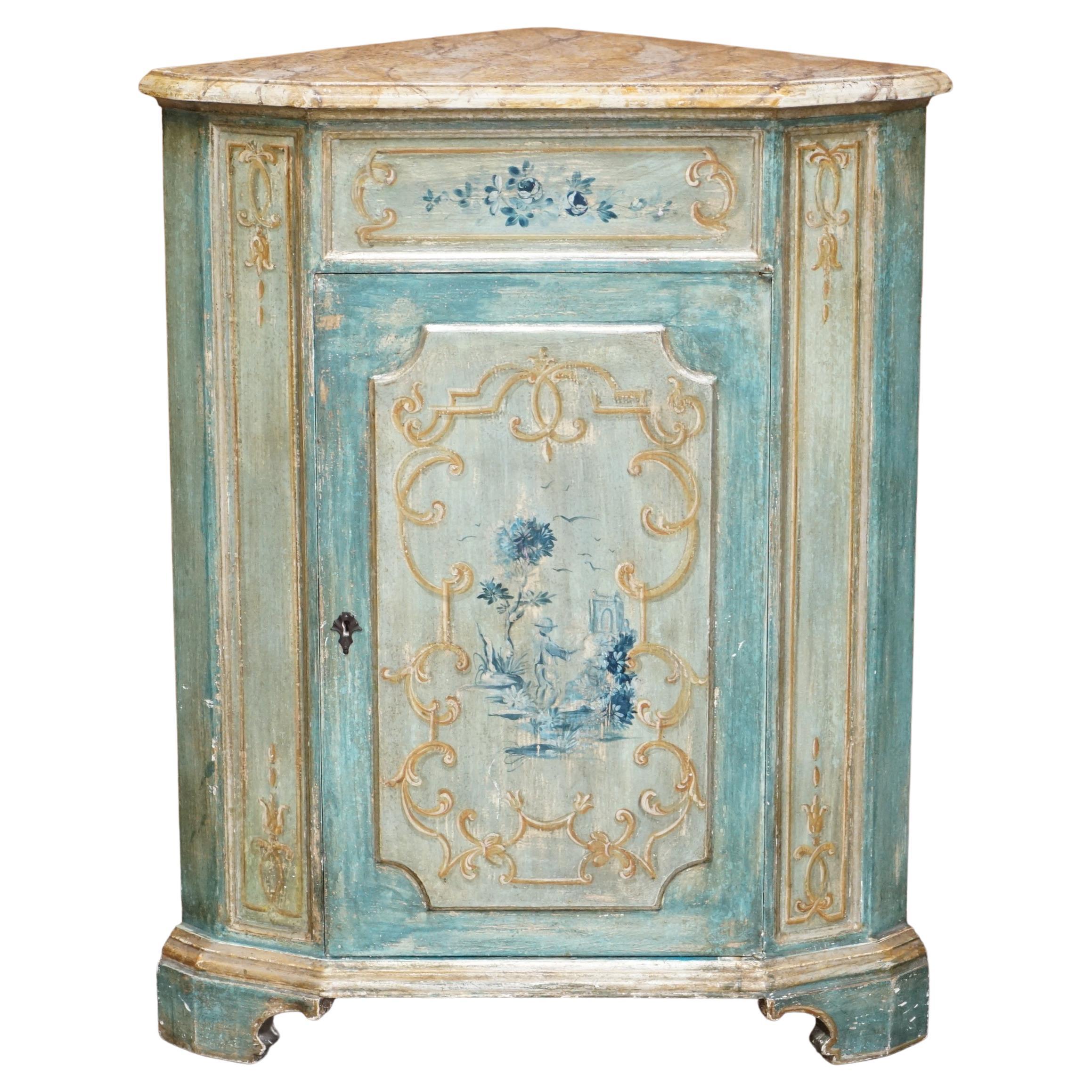 Hand Painted Vintage Corner Pot Cupboard in the French Taste with Marbled Top For Sale