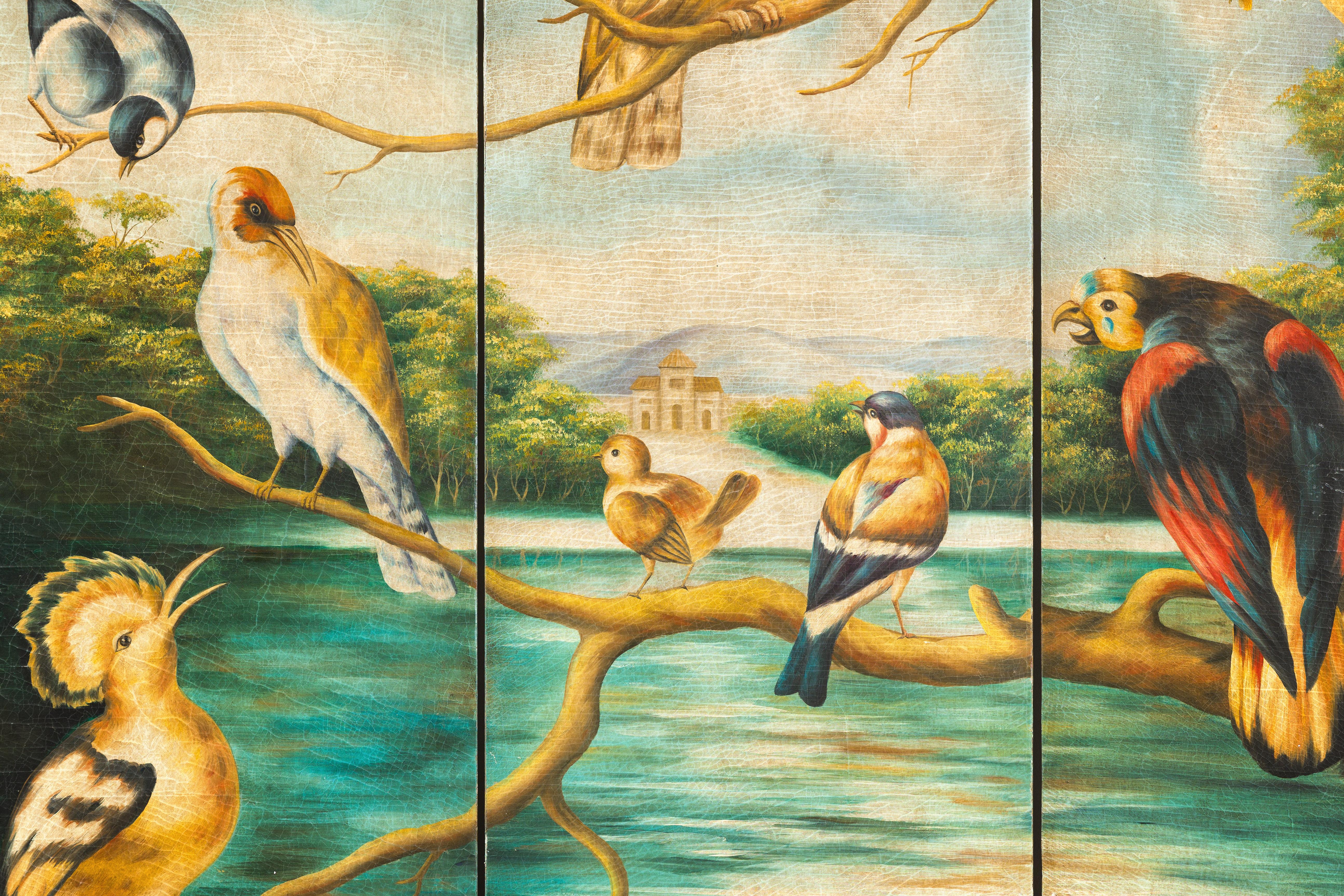 Hand-Painted Vintage Four-Panel Room Divider with Birds and Flowers For Sale 4