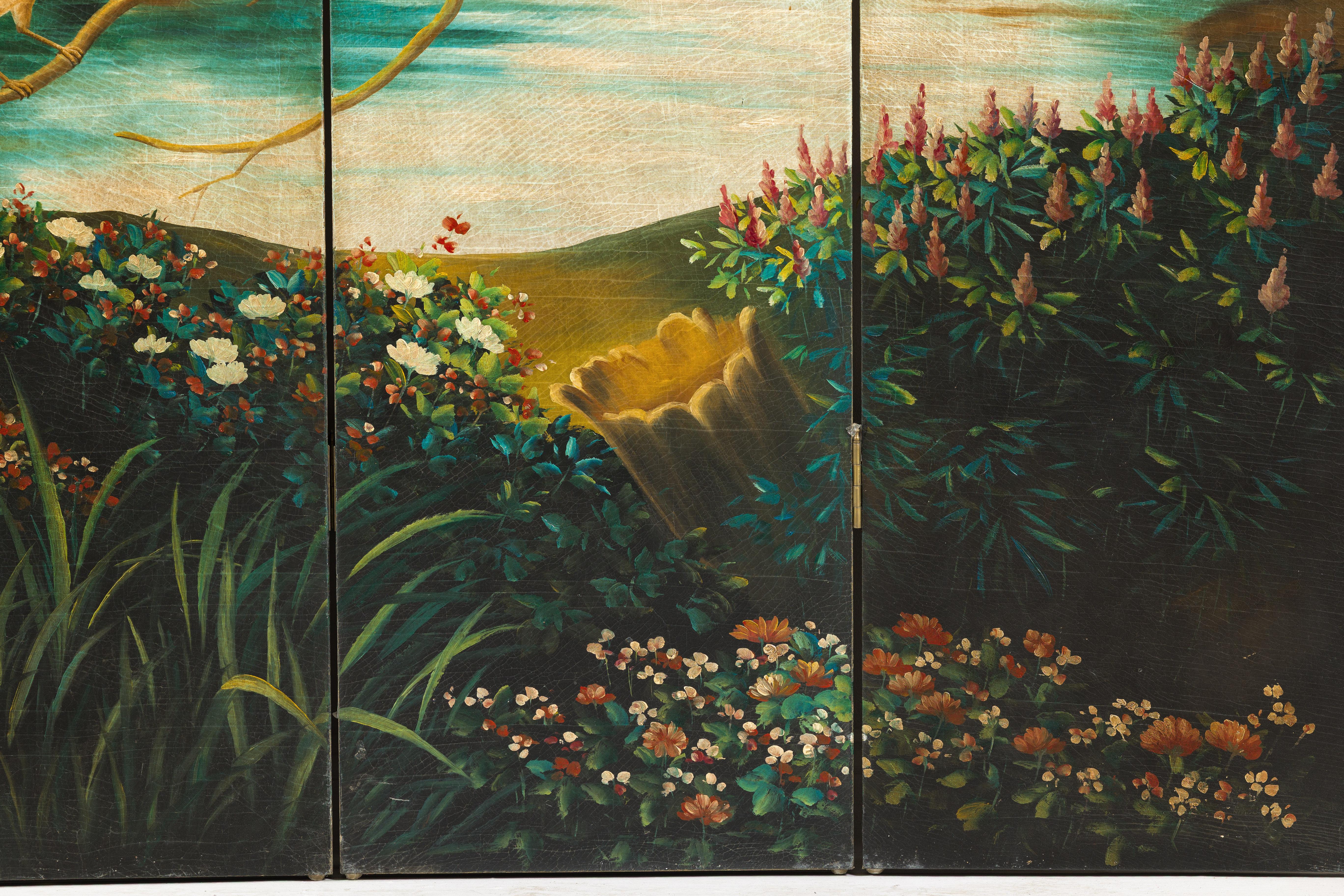 Hand-Painted Vintage Four-Panel Room Divider with Birds and Flowers For Sale 5