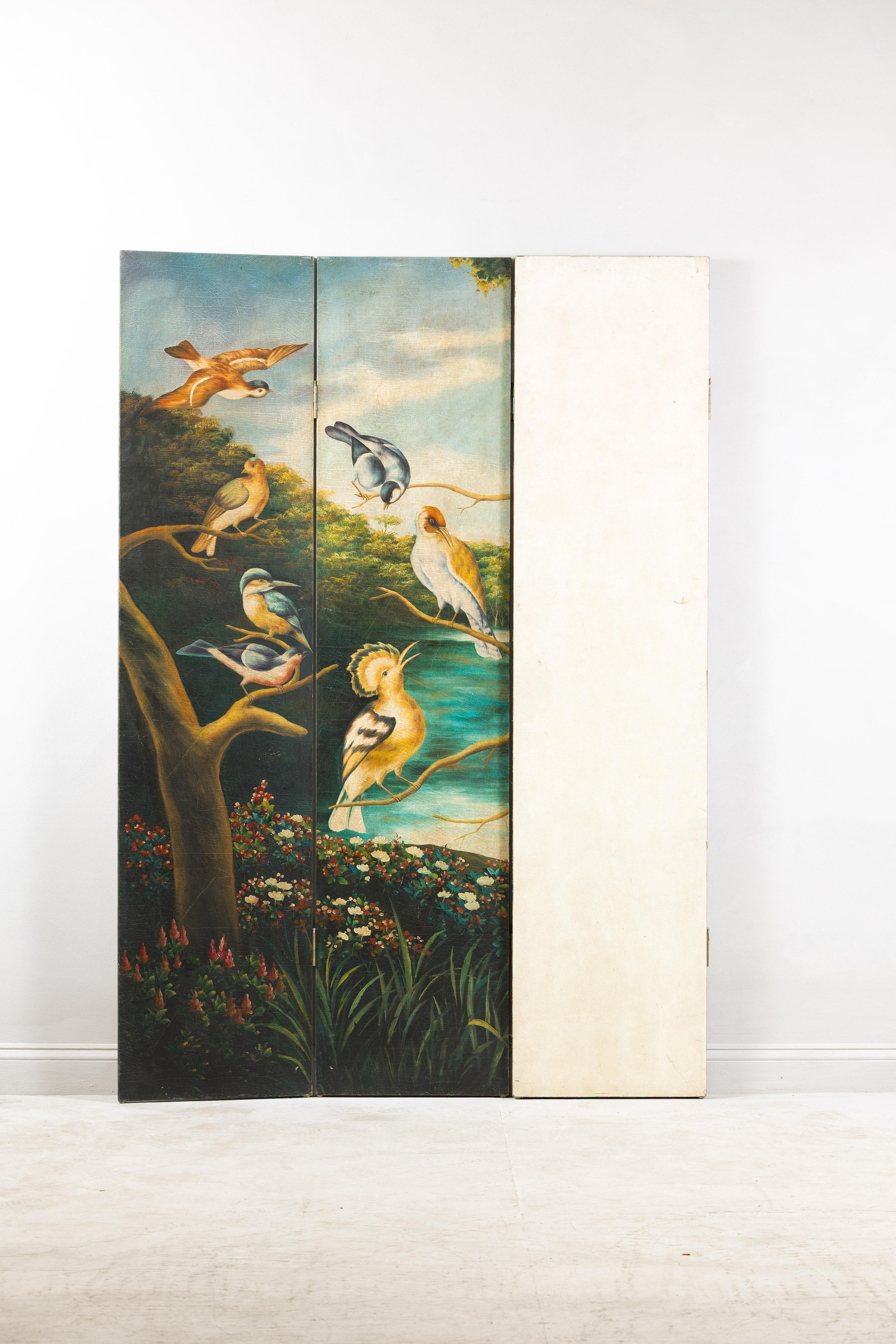 Hand-Painted Vintage Four-Panel Room Divider with Birds and Flowers For Sale 6