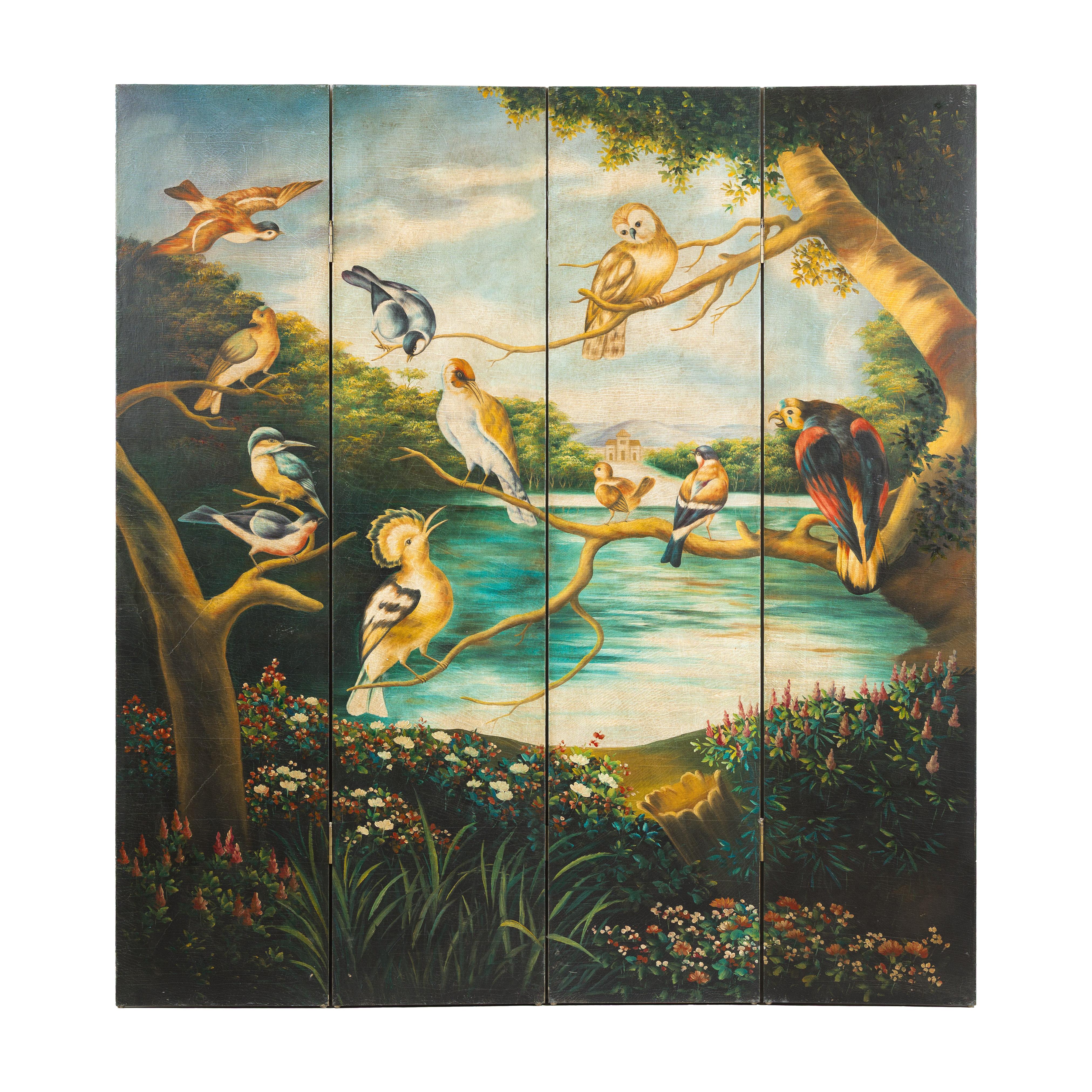 Hand-Painted Vintage Four-Panel Room Divider with Birds and Flowers For Sale 7