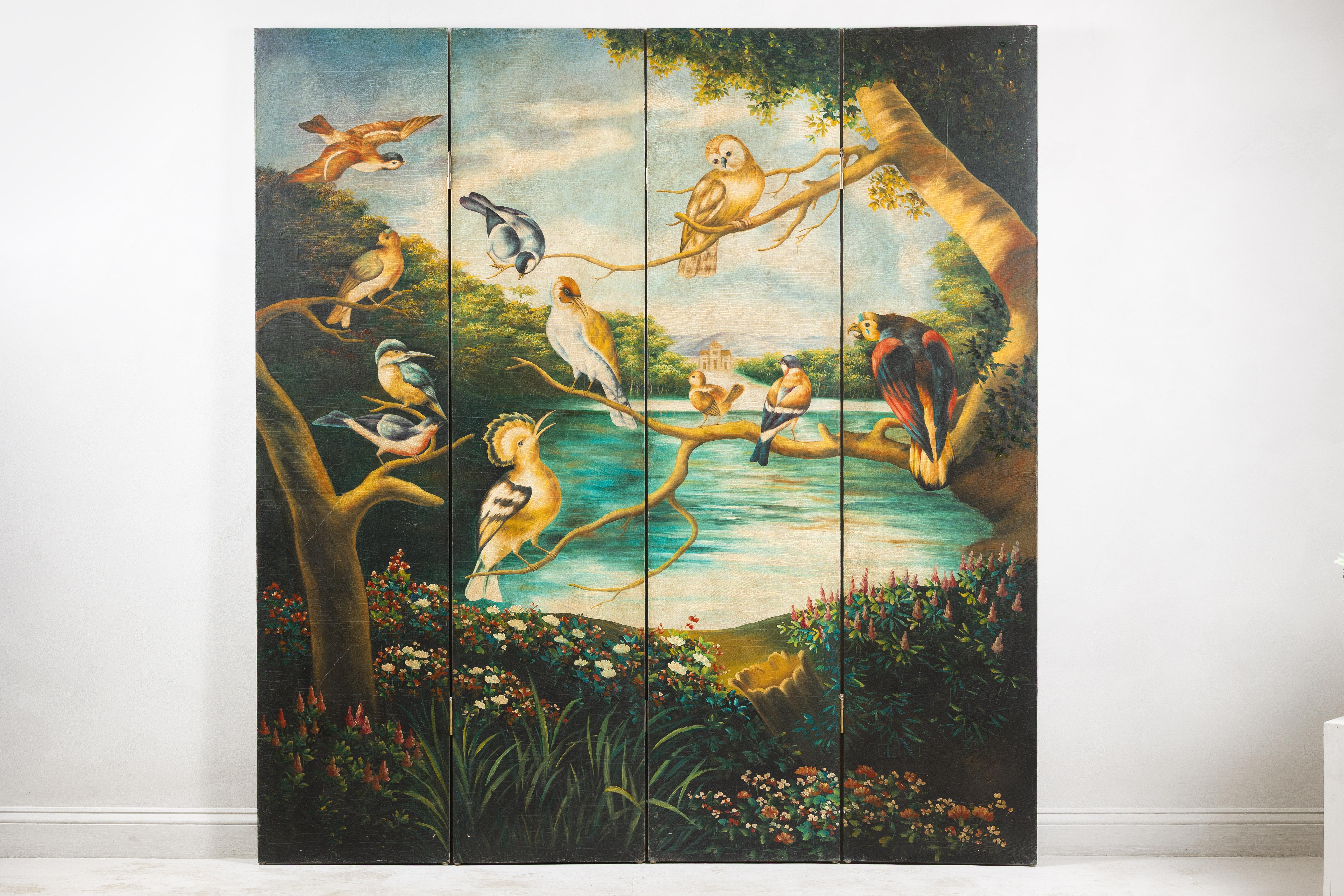 A captivating fusion of art and function, this vintage four-panel Chinese room divider showcases exquisite hand-painted birds perched among blooming flowers, set against a tranquil lakeside landscape. Each panel is meticulously adorned with