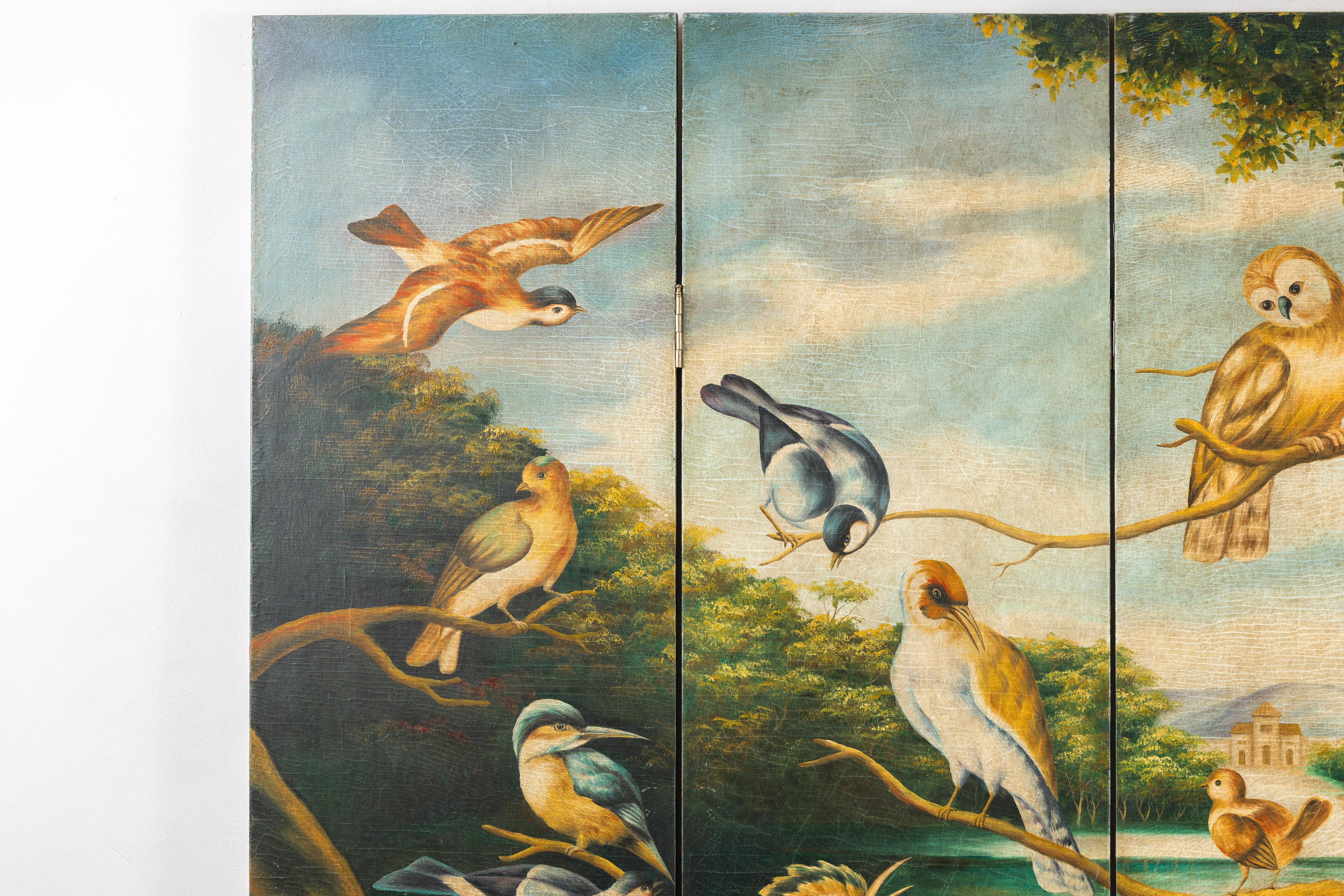 Chinese Hand-Painted Vintage Four-Panel Room Divider with Birds and Flowers For Sale