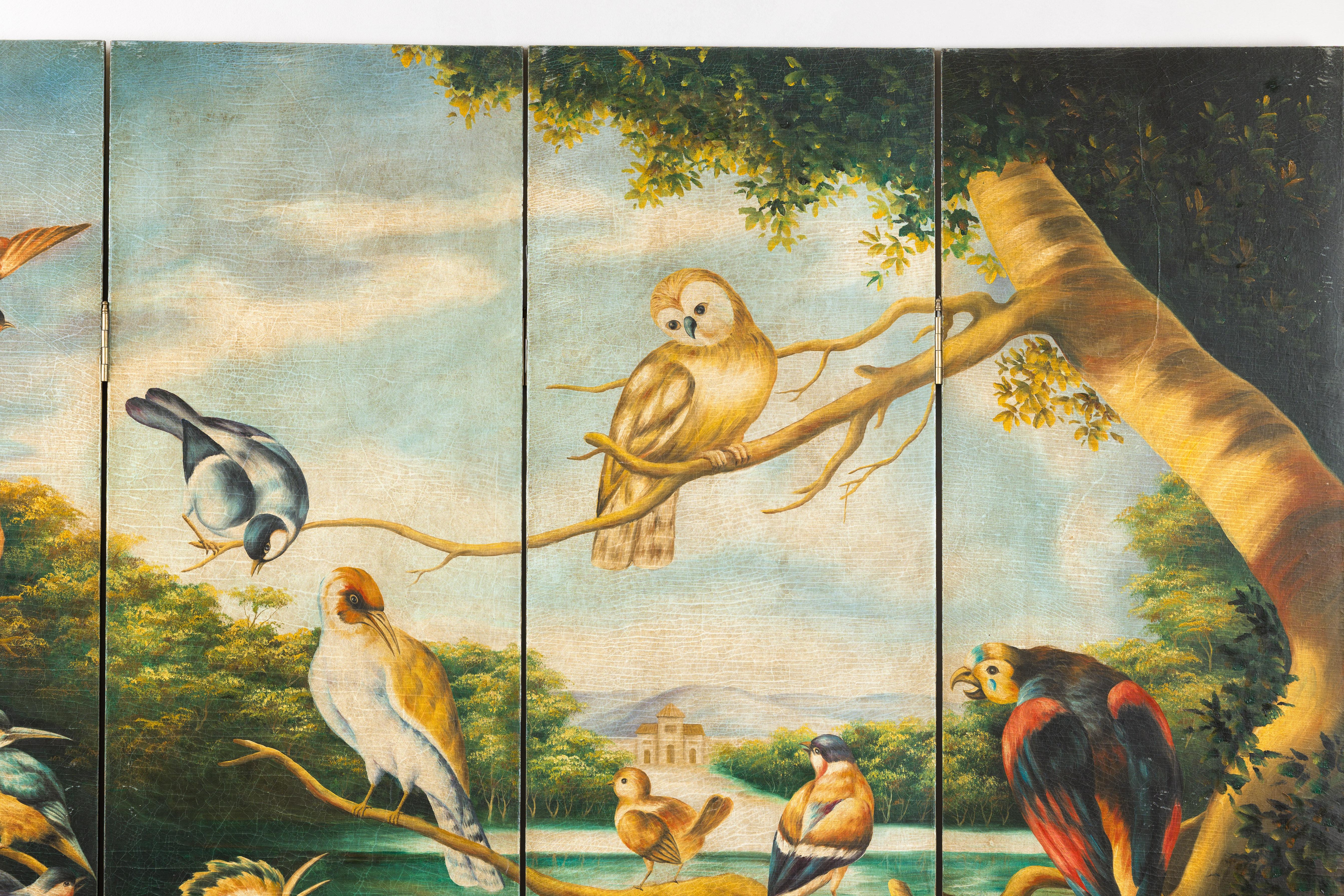 Hand-Painted Vintage Four-Panel Room Divider with Birds and Flowers In Good Condition For Sale In Yonkers, NY