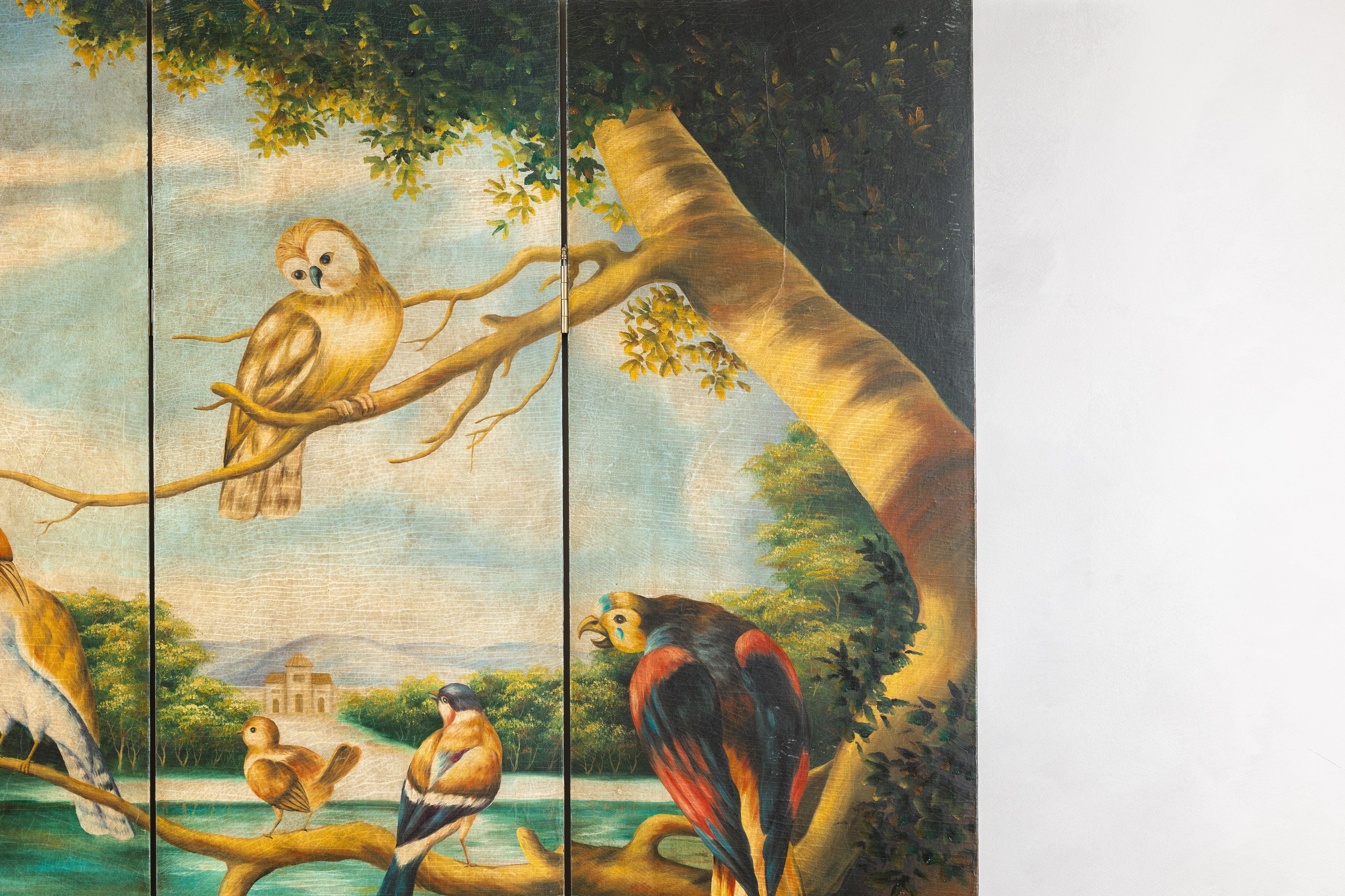 20th Century Hand-Painted Vintage Four-Panel Room Divider with Birds and Flowers For Sale