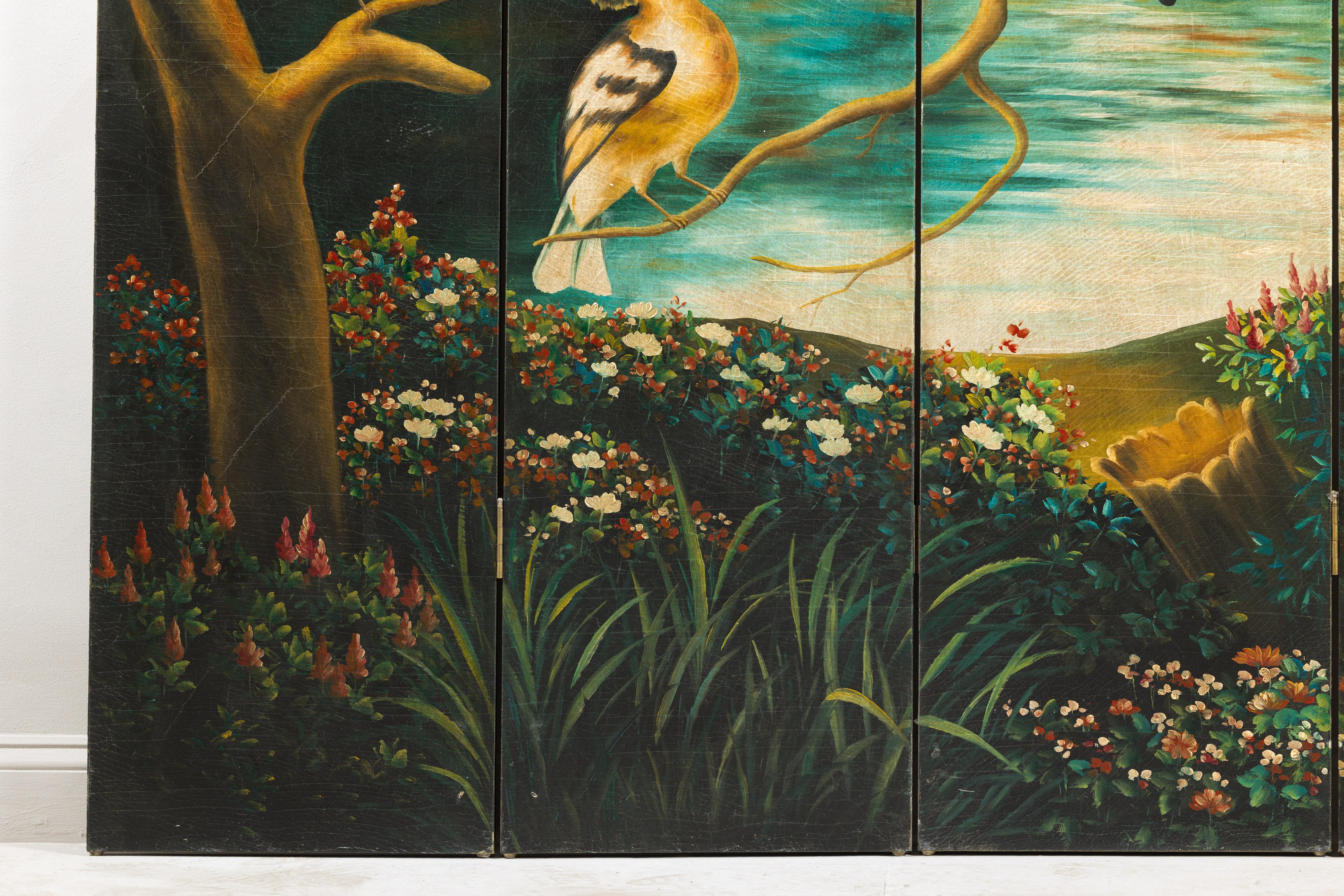 Hand-Painted Vintage Four-Panel Room Divider with Birds and Flowers For Sale 1
