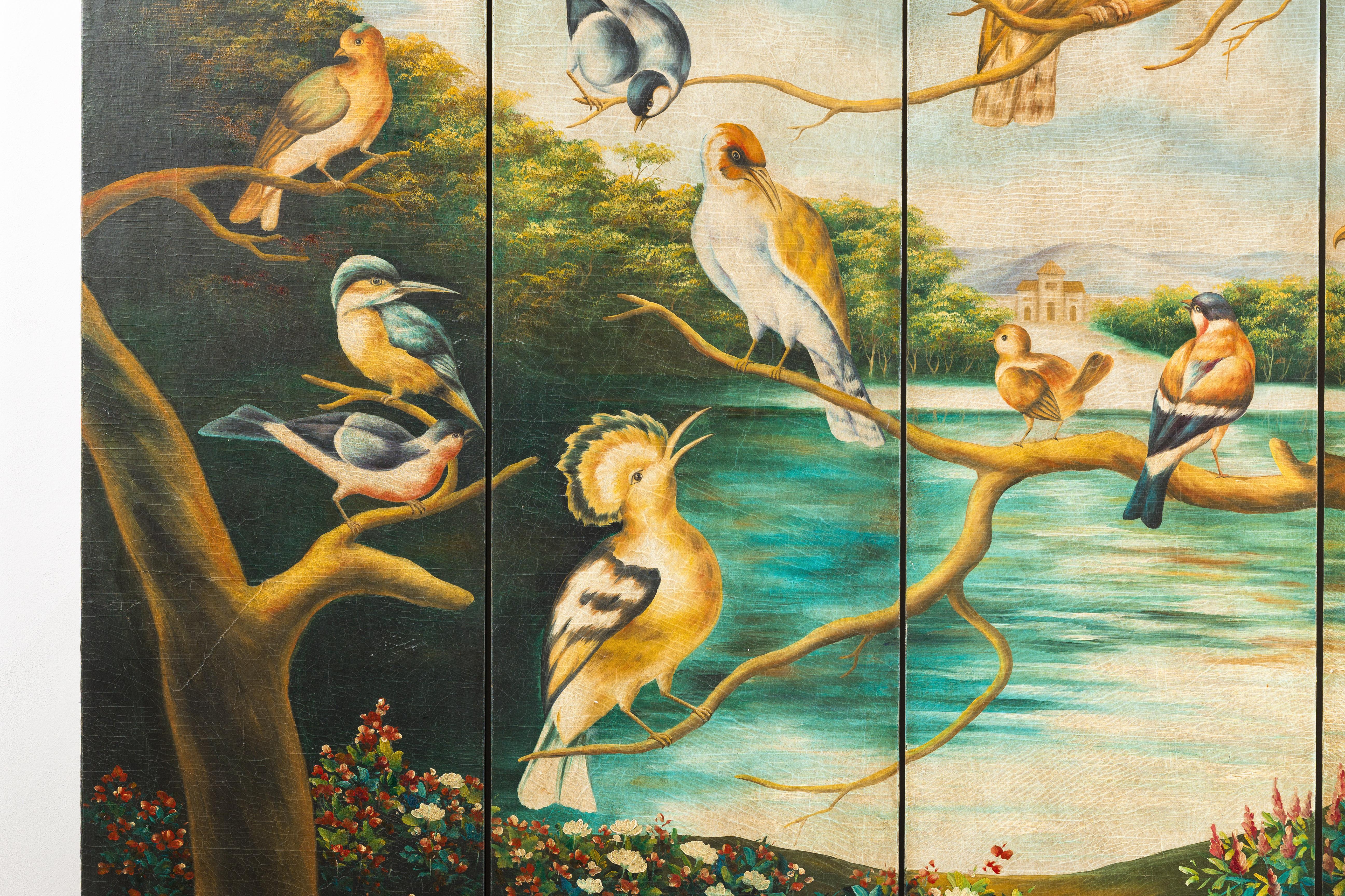 Hand-Painted Vintage Four-Panel Room Divider with Birds and Flowers For Sale 2
