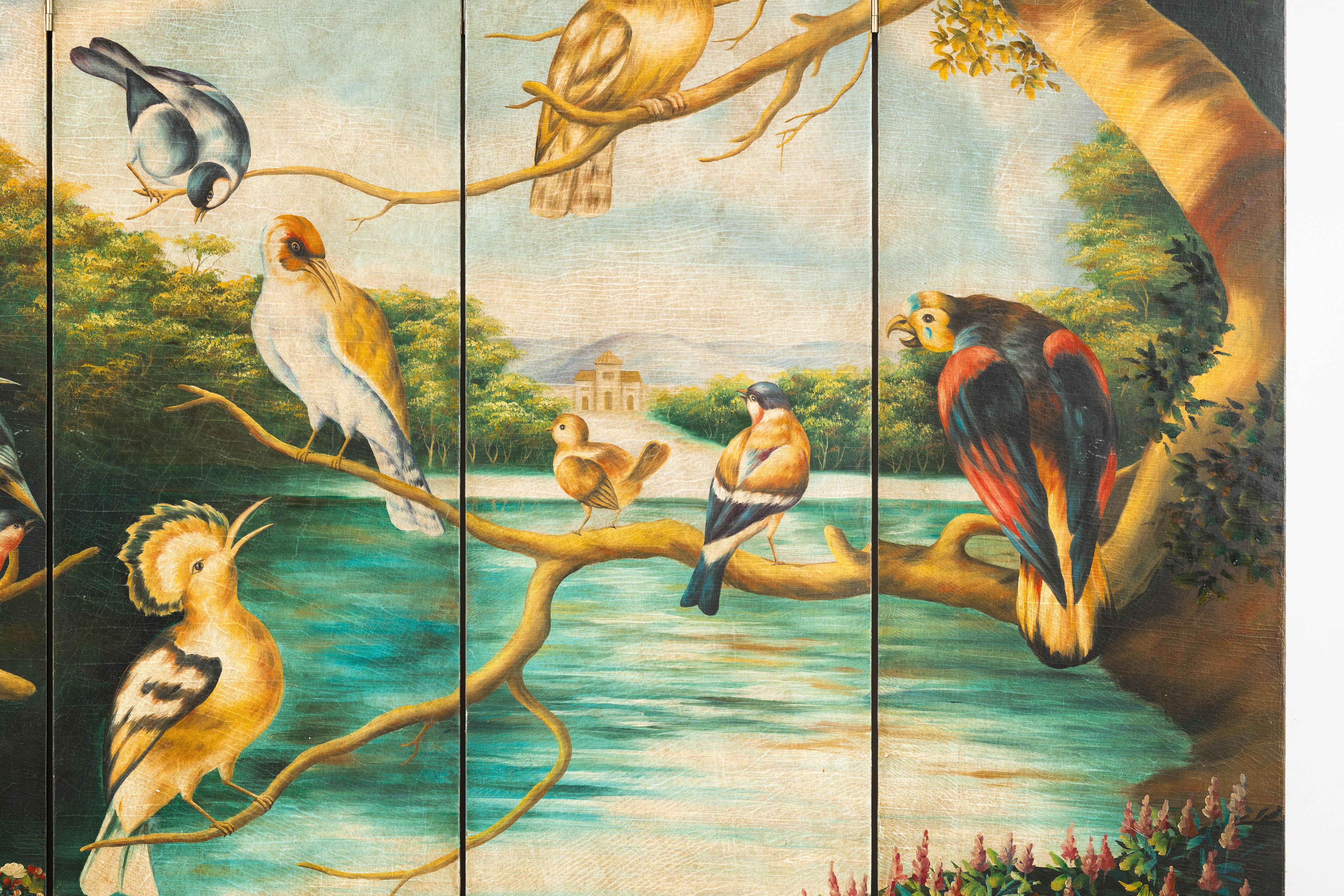 Hand-Painted Vintage Four-Panel Room Divider with Birds and Flowers For Sale 3