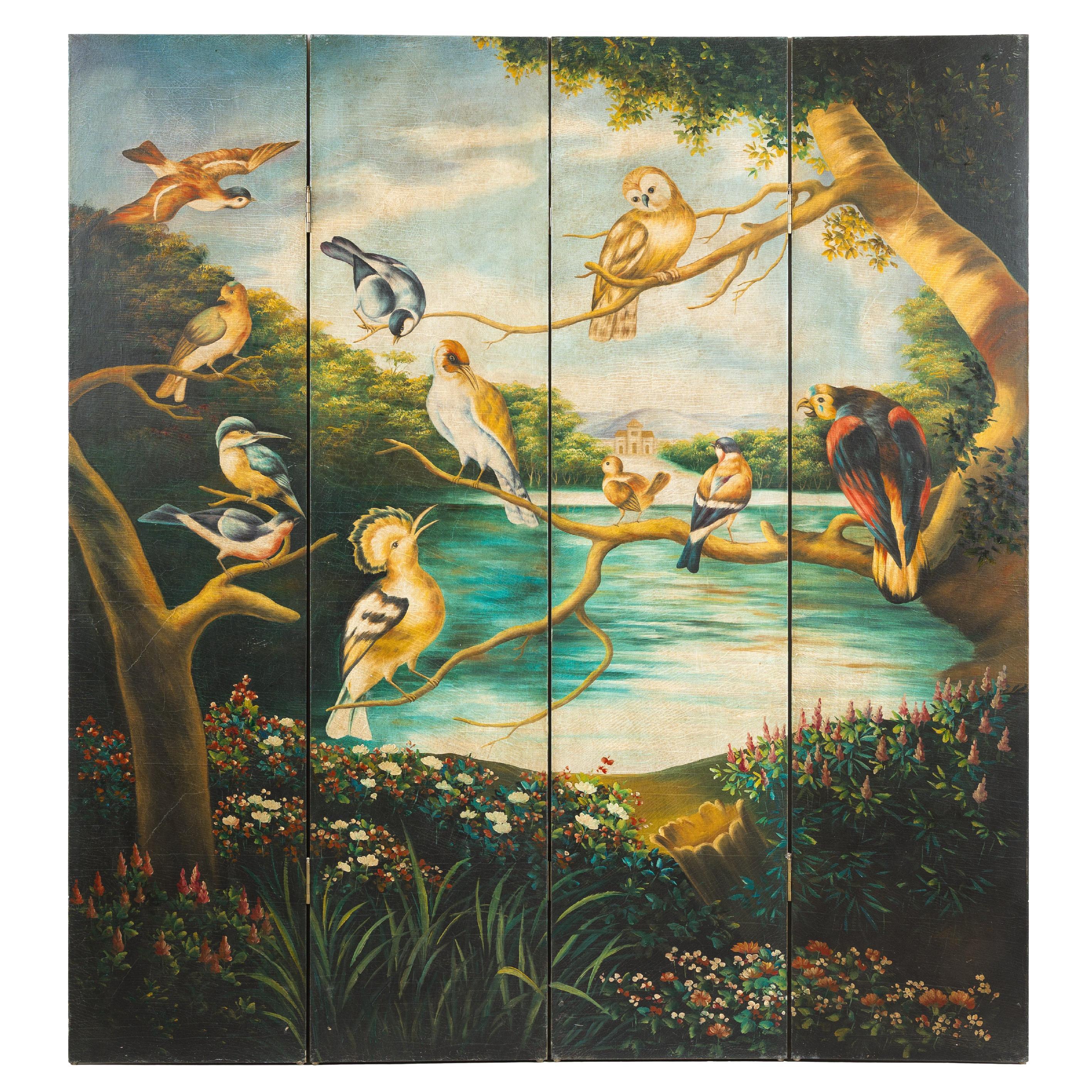 Hand-Painted Vintage Four-Panel Room Divider with Birds and Flowers