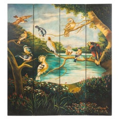 Handbemalter vierteiliger Vintage-Raumteiler mit Vögeln und Blumen