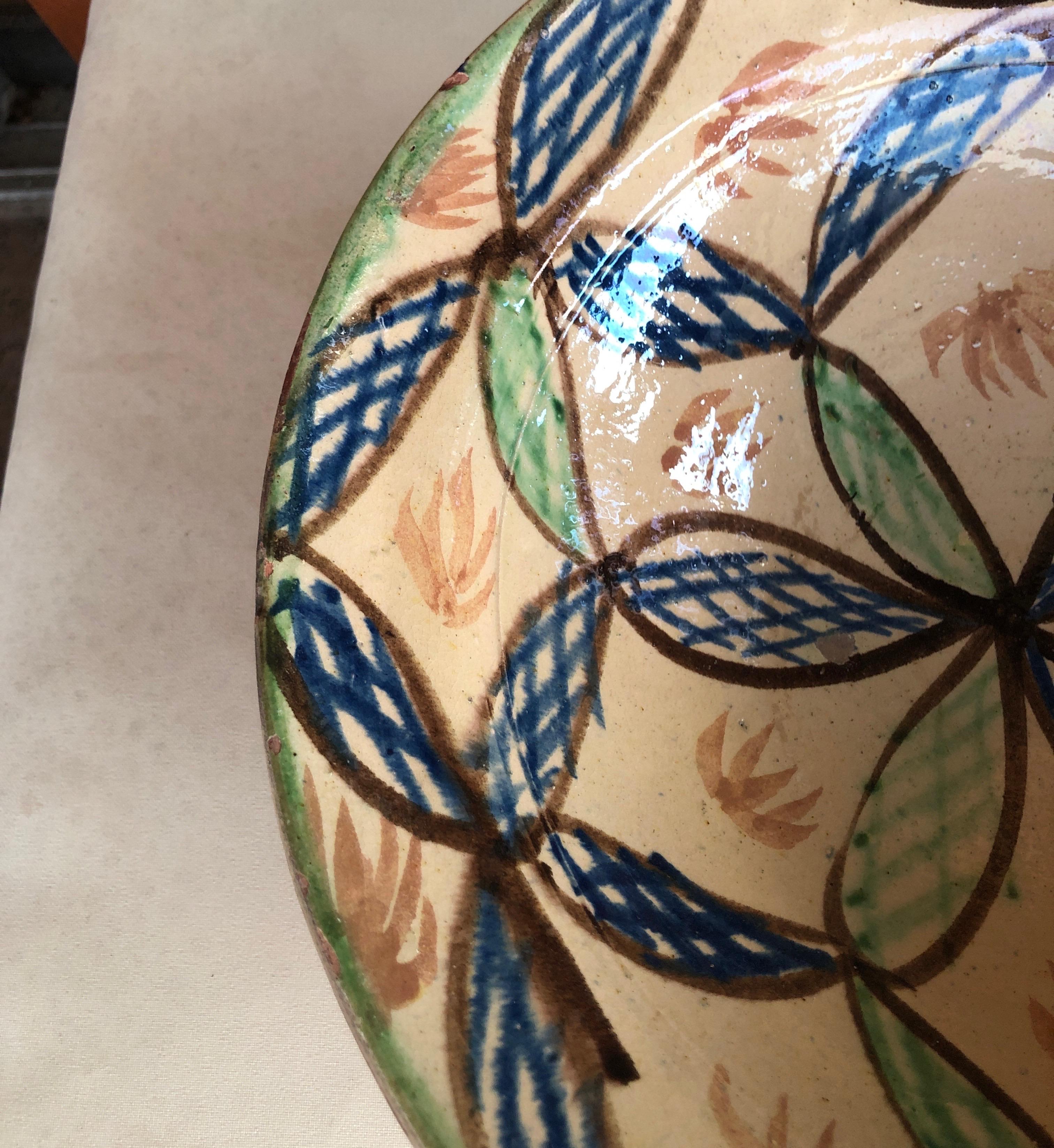 Bohemian Hand Painted Vintage Green and Blue Large Decorative Bowl
