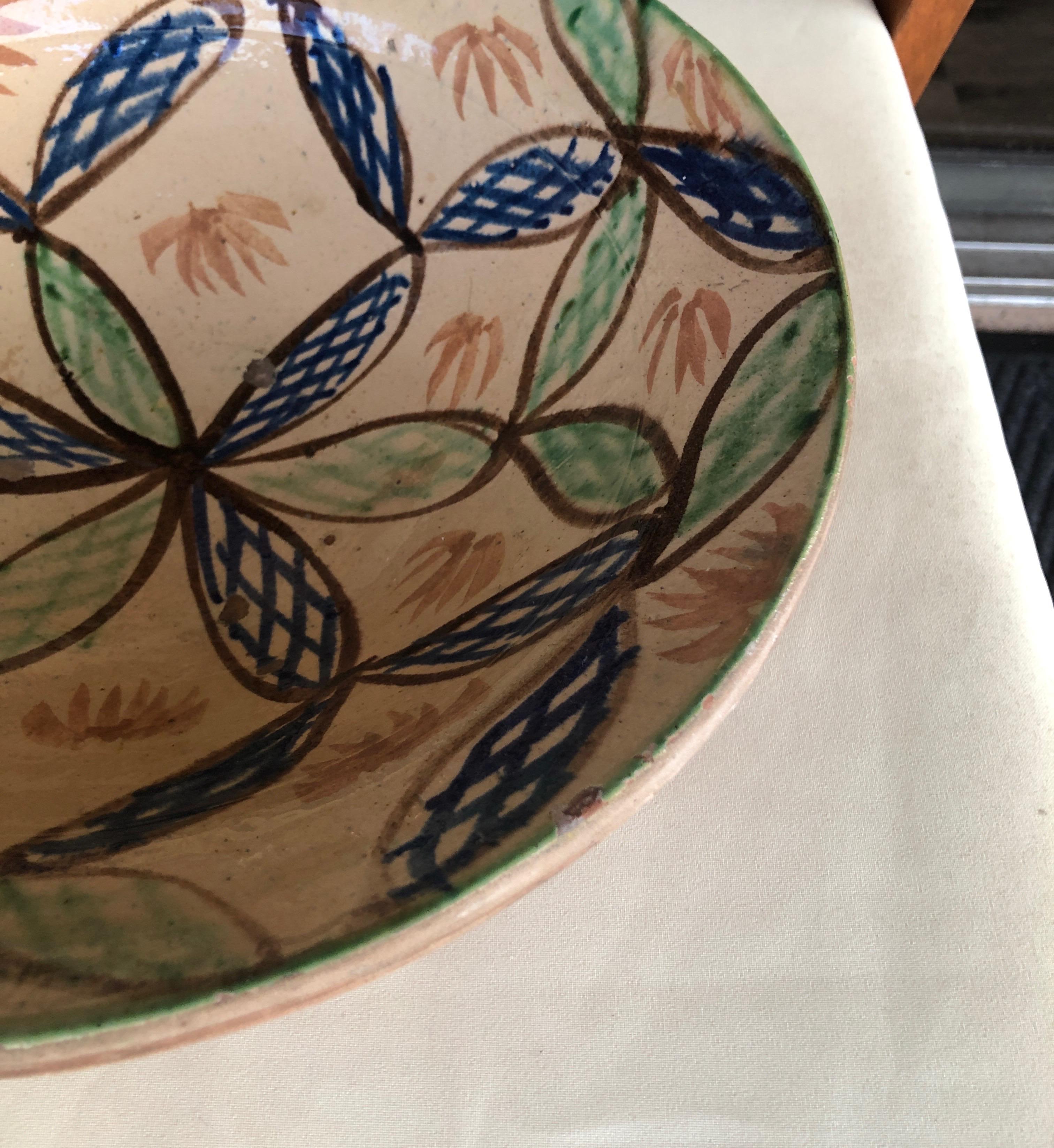 Spanish Hand Painted Vintage Green and Blue Large Decorative Bowl