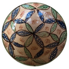 Hand Painted Vintage Green and Blue Large Decorative Bowl