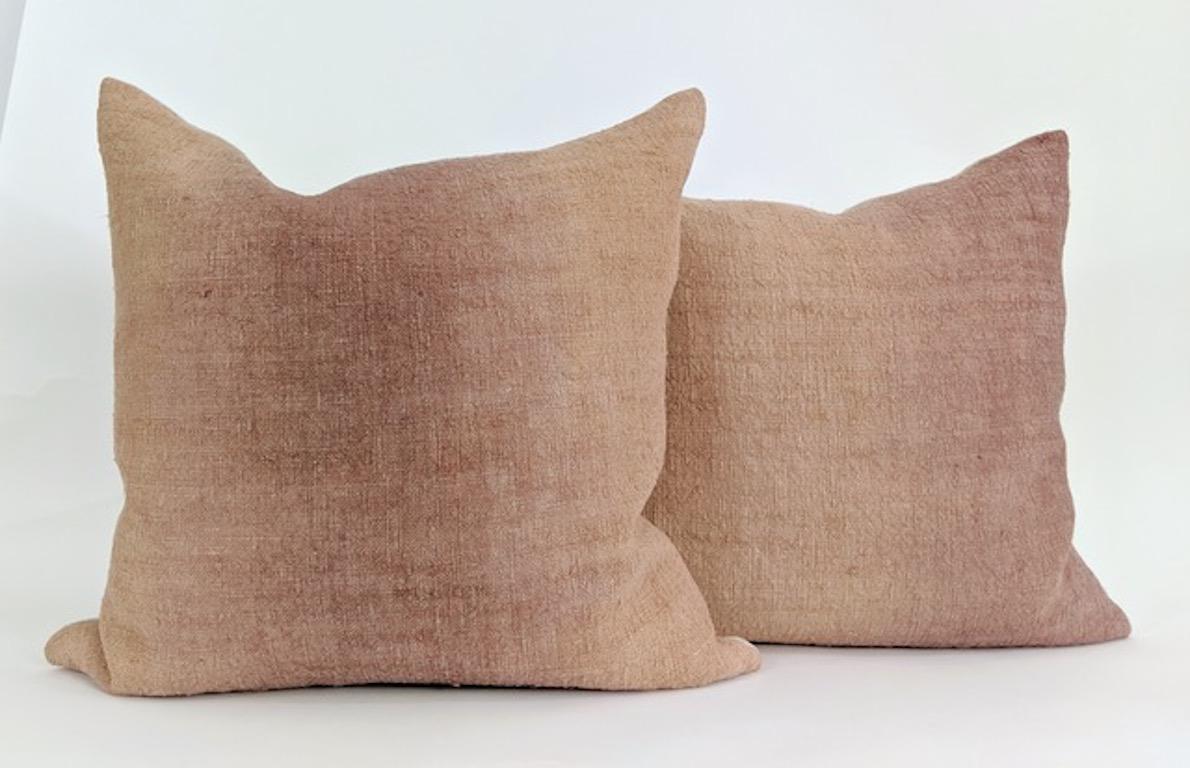 Organic Modern Hand Painted Vintage Linen and Hemp Large Pillow in Tan Tones, in Stock