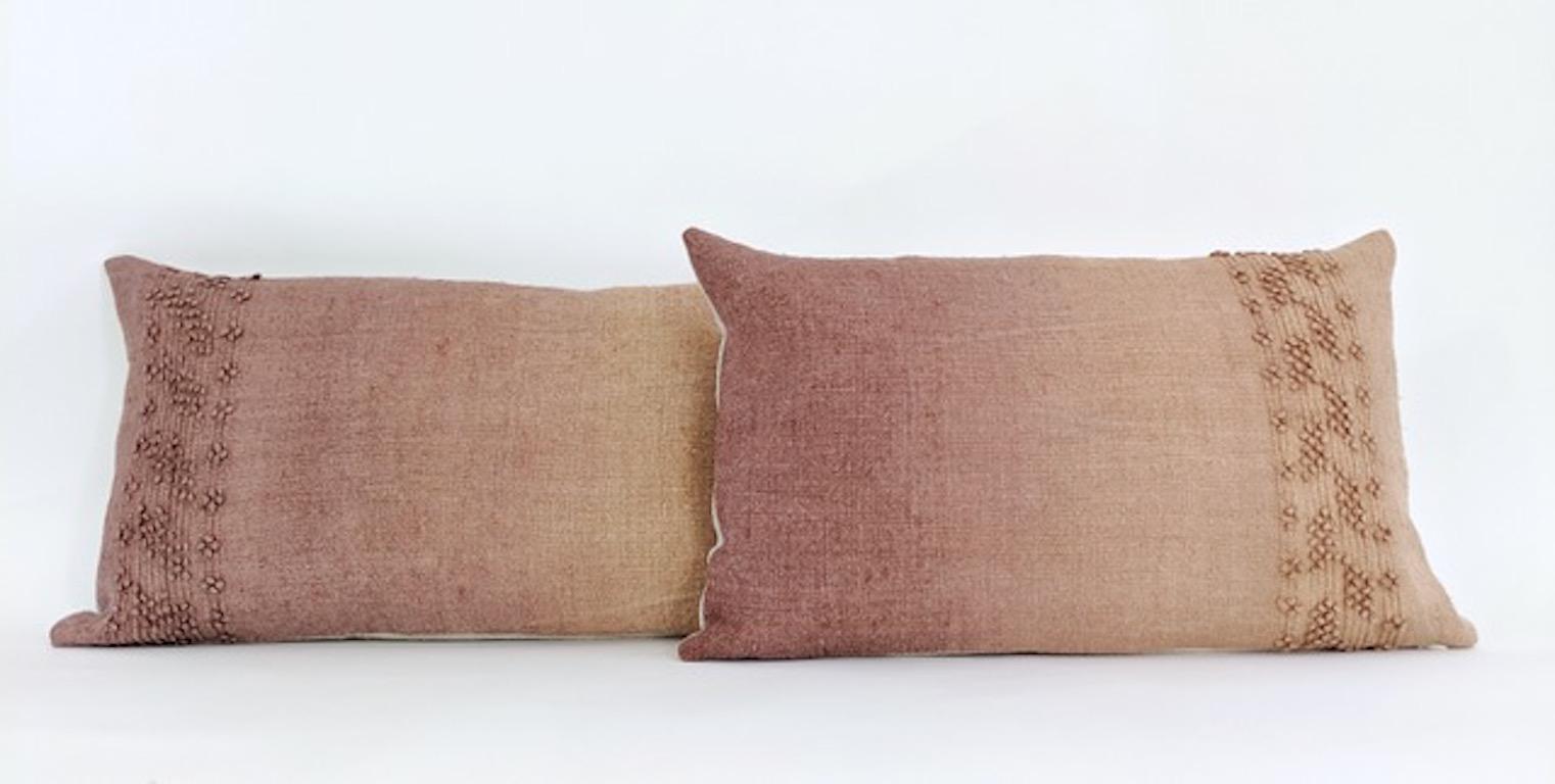Hand-Painted Hand Painted Vintage Linen and Hemp Large Pillow in Tan Tones, in Stock