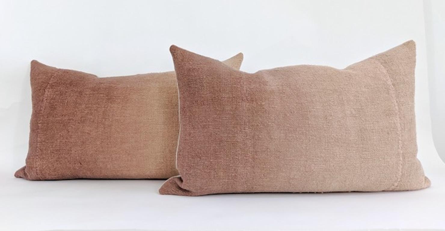 Hand Painted Vintage Linen and Hemp Large Pillow in Tan Tones, in Stock In New Condition In West Hollywood, CA