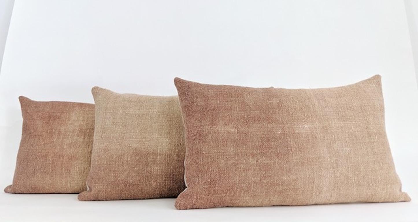 Contemporary Hand Painted Vintage Linen and Hemp Large Pillow in Tan Tones, in Stock
