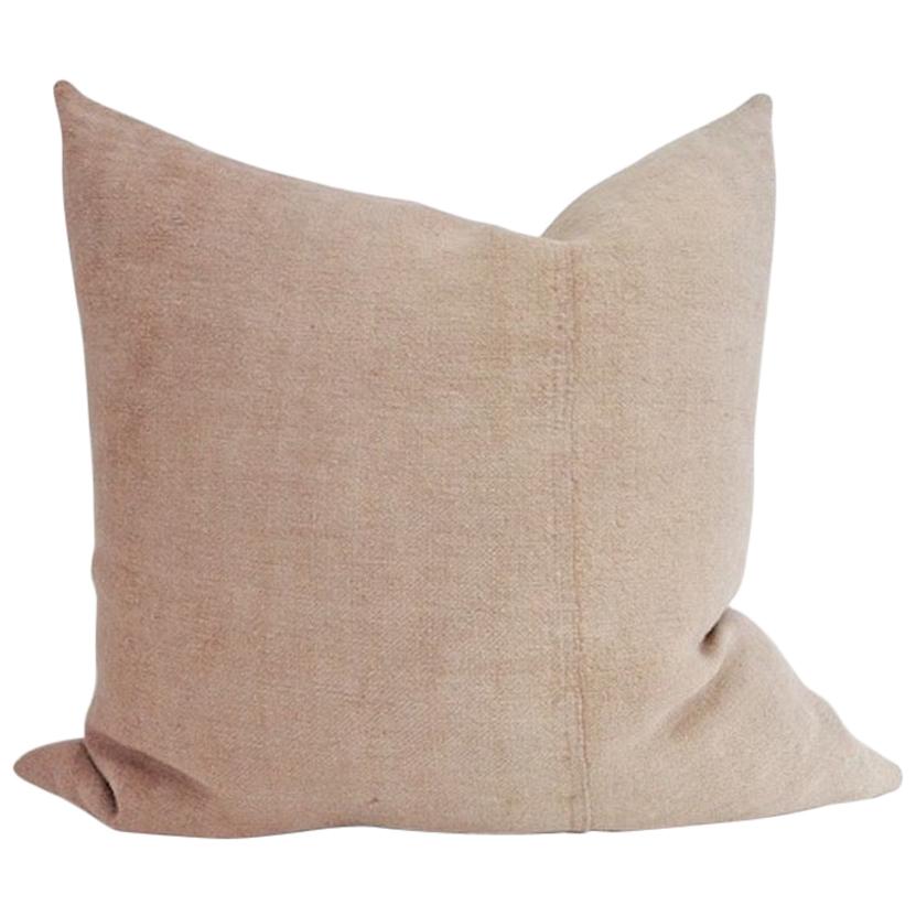 Hand Painted Vintage Linen and Hemp Large Pillow in Tan Tones, in Stock