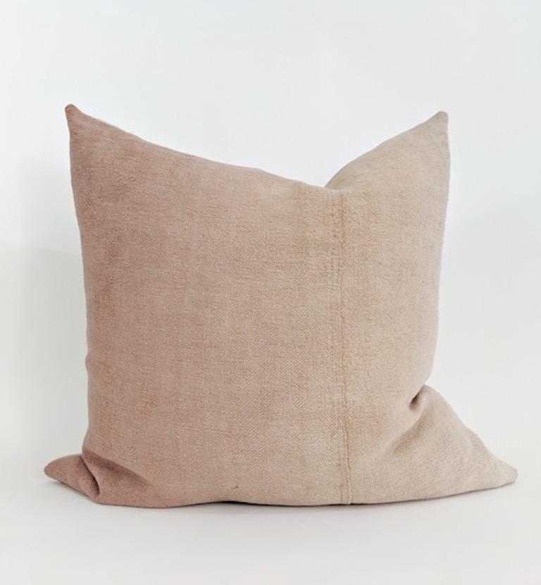 Spanish Hand Painted Vintage Linen and Hemp Medium Pillow in Tan Tones, in Stock