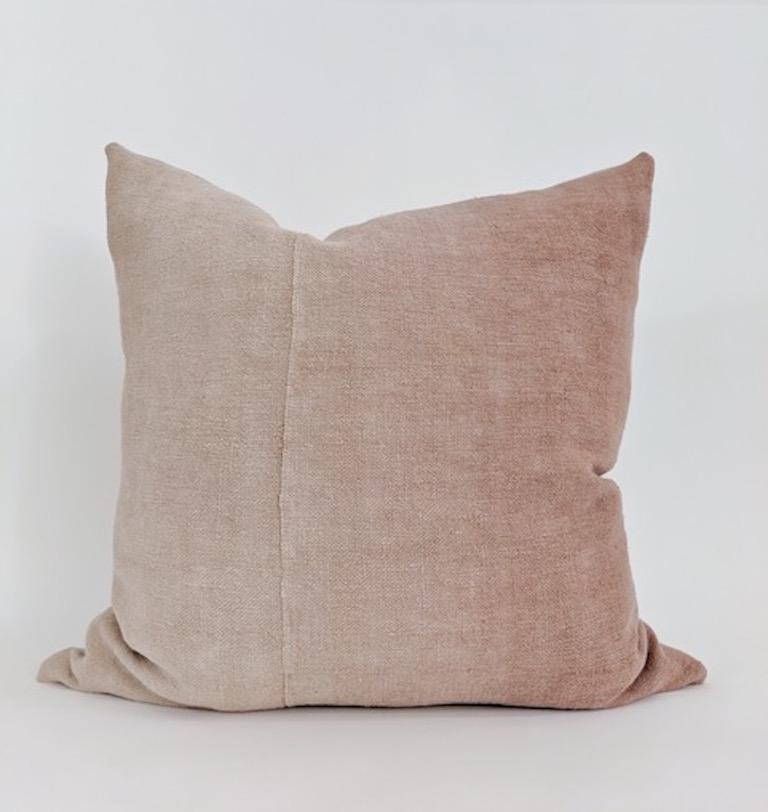 Hand-Painted Hand Painted Vintage Linen and Hemp Medium Pillow in Tan Tones, in Stock