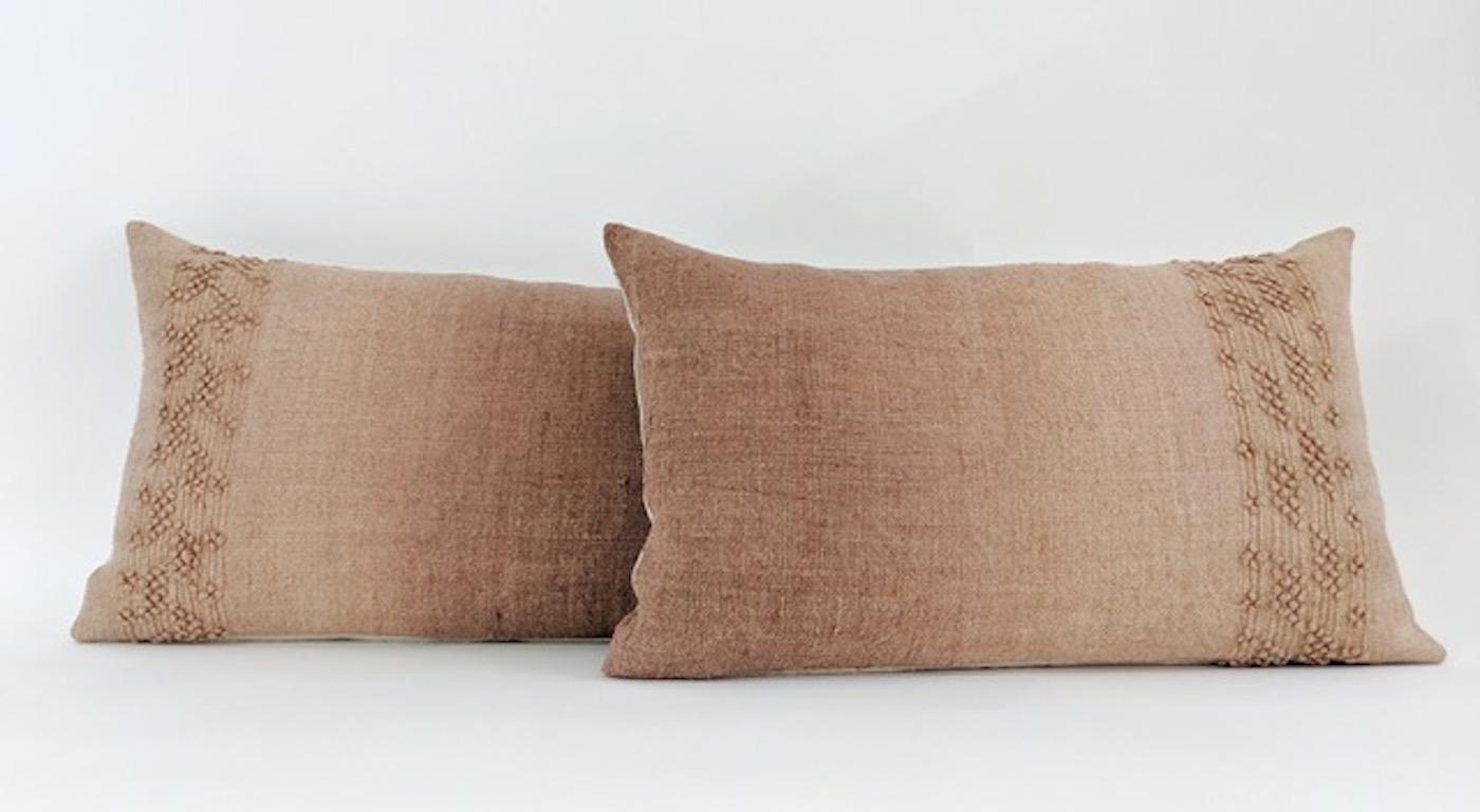 Hand Painted Vintage Linen and Hemp Medium Pillow in Tan Tones, in Stock In New Condition In West Hollywood, CA