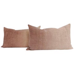 Hand Painted Vintage Linen and Hemp Medium Pillow in Tan Tones, in Stock