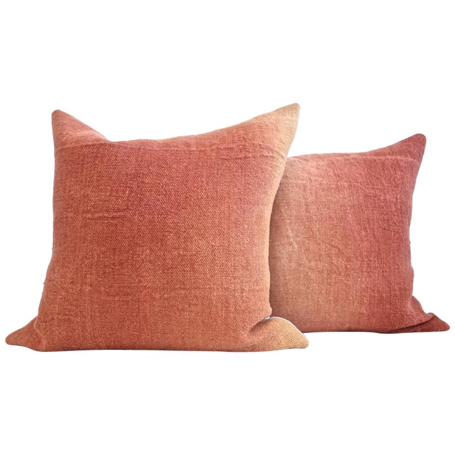 Hand Painted Vintage Linen and Hemp Square Pillow in Orange Tones, in Stock