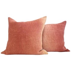 Hand Painted Vintage Linen and Hemp Square Pillow in Orange Tones, in Stock