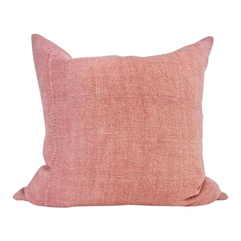 Hand Painted Vintage Linen & Hemp Large Pillow in Pink Tones, In Stock
