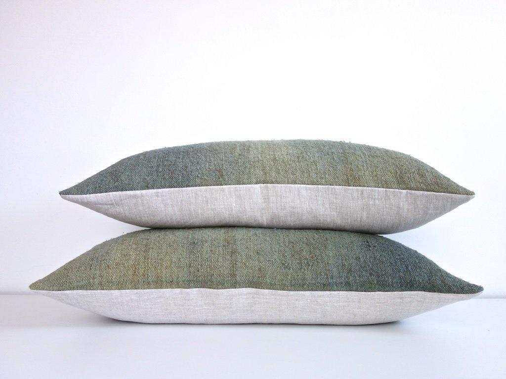 Hand-Painted Hand Painted Vintage Linen Small Lumbar Pillow in Green Tones, in Stock