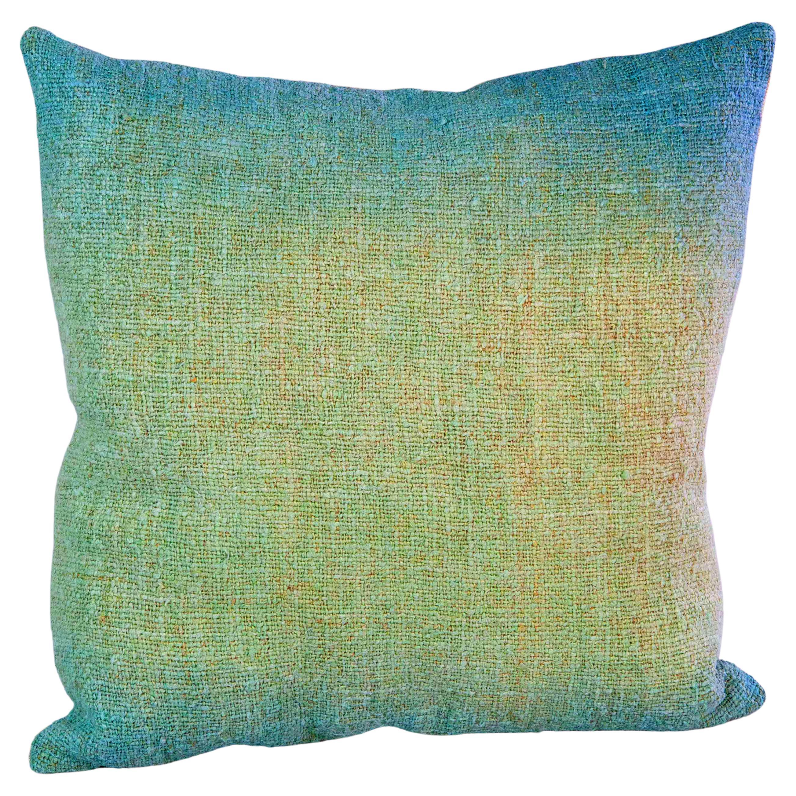 Hand Painted Vintage Linen & Hemp Square Pillow in Bright Aqua Tones, in Stock