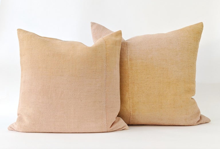 Organic Modern Hand Painted Vintage Linen & Hemp Square Pillow in Yellow Tones, in Stock