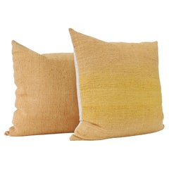 Hand Painted Vintage Linen & Hemp Square Pillow in Yellow Tones, in Stock