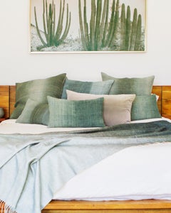 Hand Painted Vintage Linen Small Lumbar Pillow in Green Tones, in Stock