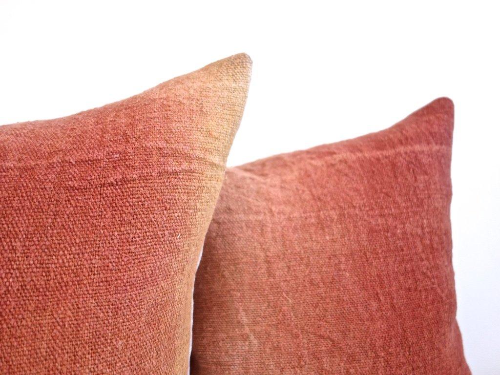 Hand Painted Vintage Linen and Hemp Square Pillow in Orange Tones, in Stock 7